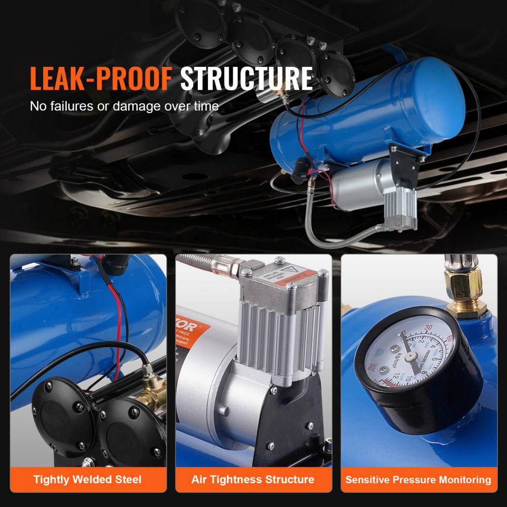 VEVOR 12V Air Compressor with Tank 1.6 Gallon/6 L, Train Horn Air Compressor, 120 psi Working Pressure Onboard Air Compressor System for Train Air Horns, Inflating Tires, Air Mattresses 