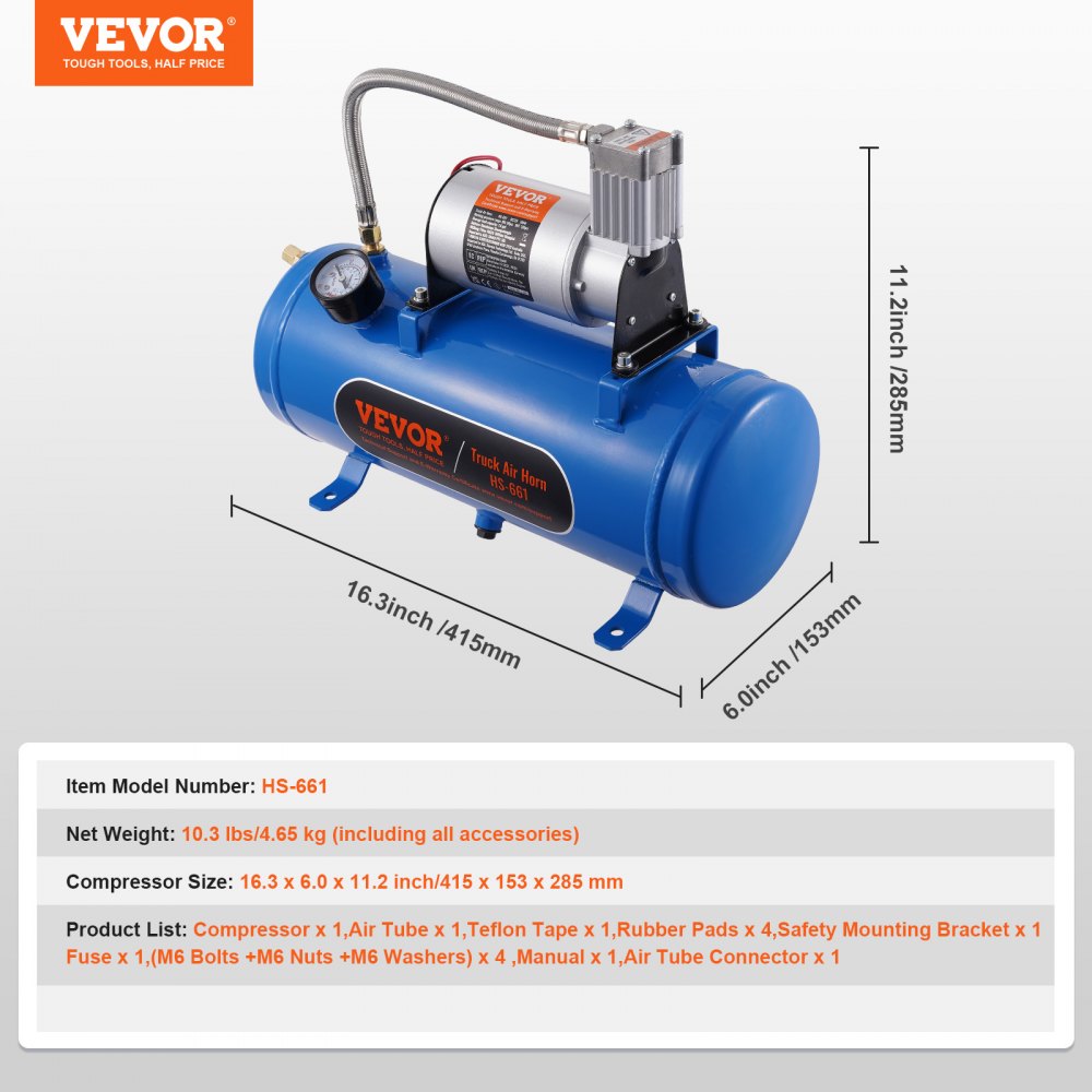 VEVOR 12V Air Compressor with Tank 1.6 Gallon/6 L, Train Horn Air Compressor, 120 psi Working Pressure Onboard Air Compressor System for Train Air Horns, Inflating Tires, Air Mattresses 