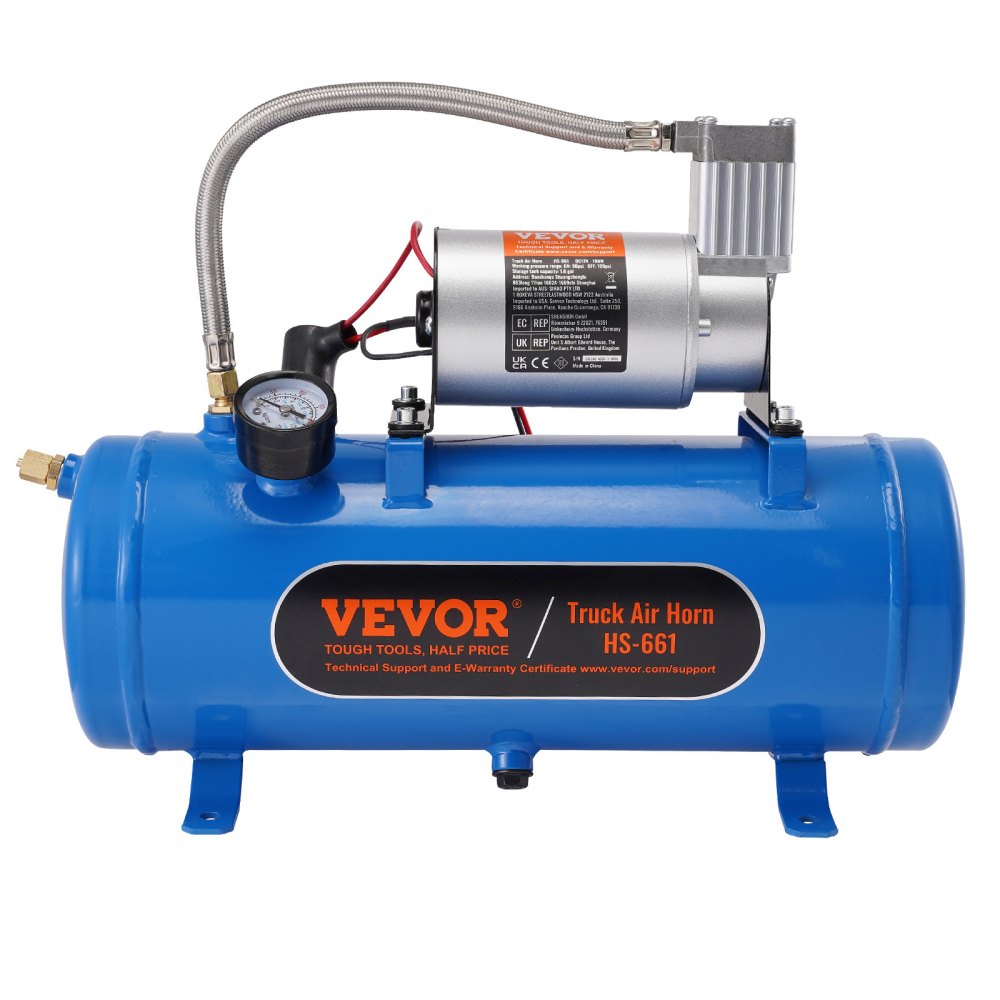 VEVOR 12V Air Compressor with Tank 1.6 Gallon/6 L, Train Horn Air Compressor, 120 psi Working Pressure Onboard Air Compressor System for Train Air Horns, Inflating Tires, Air Mattresses 