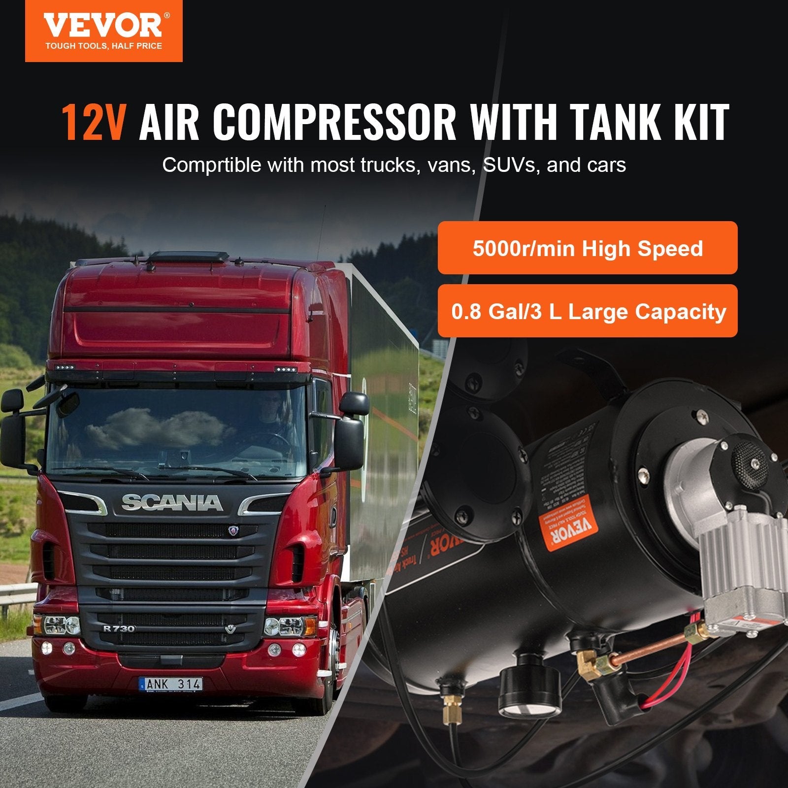 VEVOR 12V Air Compressor with Tank 0.8 Gallon/3 L, Train Horn Air Compressor, 120 psi Working Pressure Onboard Air Compressor System for Train Air Horns, Inflating Tires, Air Mattresses 