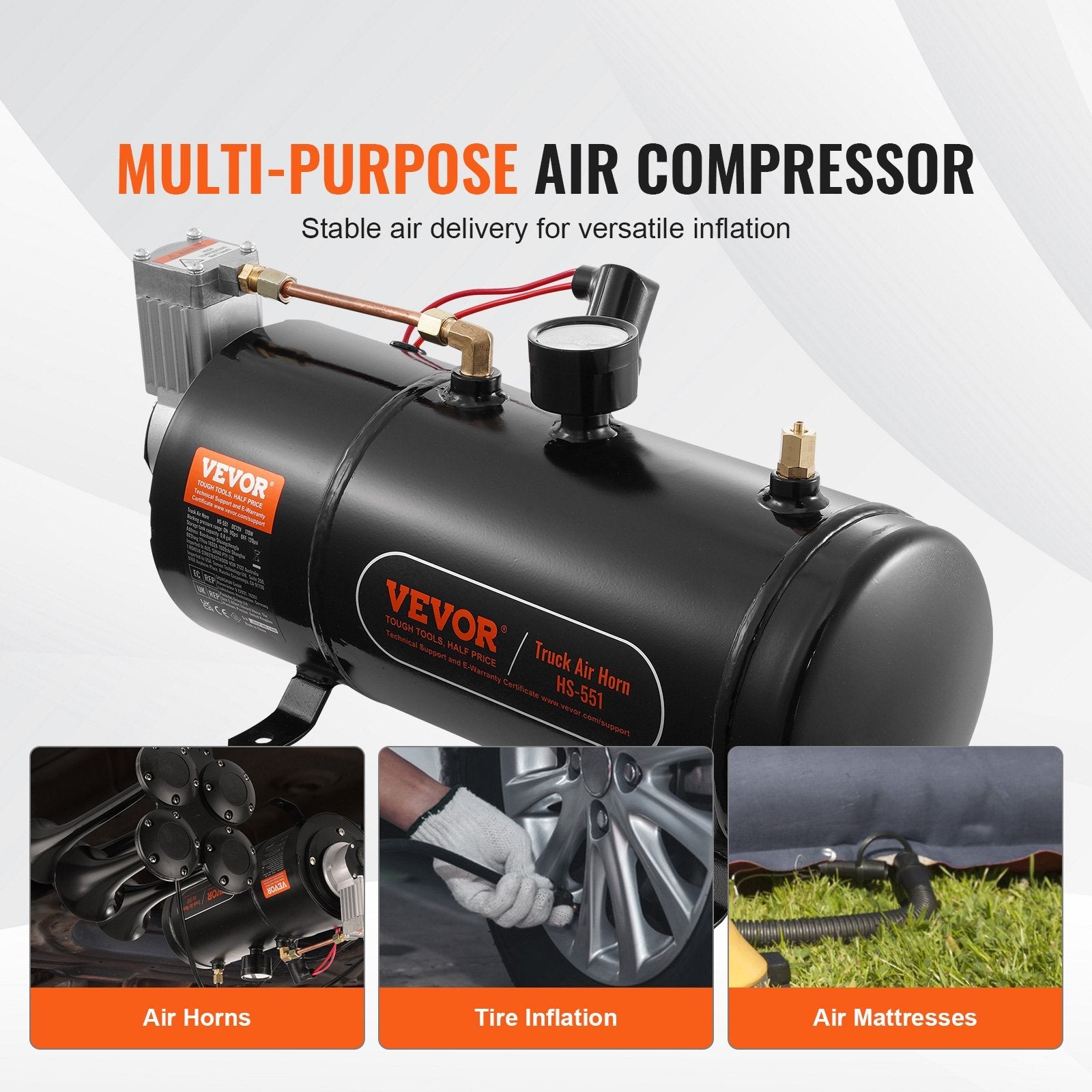 VEVOR 12V Air Compressor with Tank 0.8 Gallon/3 L, Train Horn Air Compressor, 120 psi Working Pressure Onboard Air Compressor System for Train Air Horns, Inflating Tires, Air Mattresses 