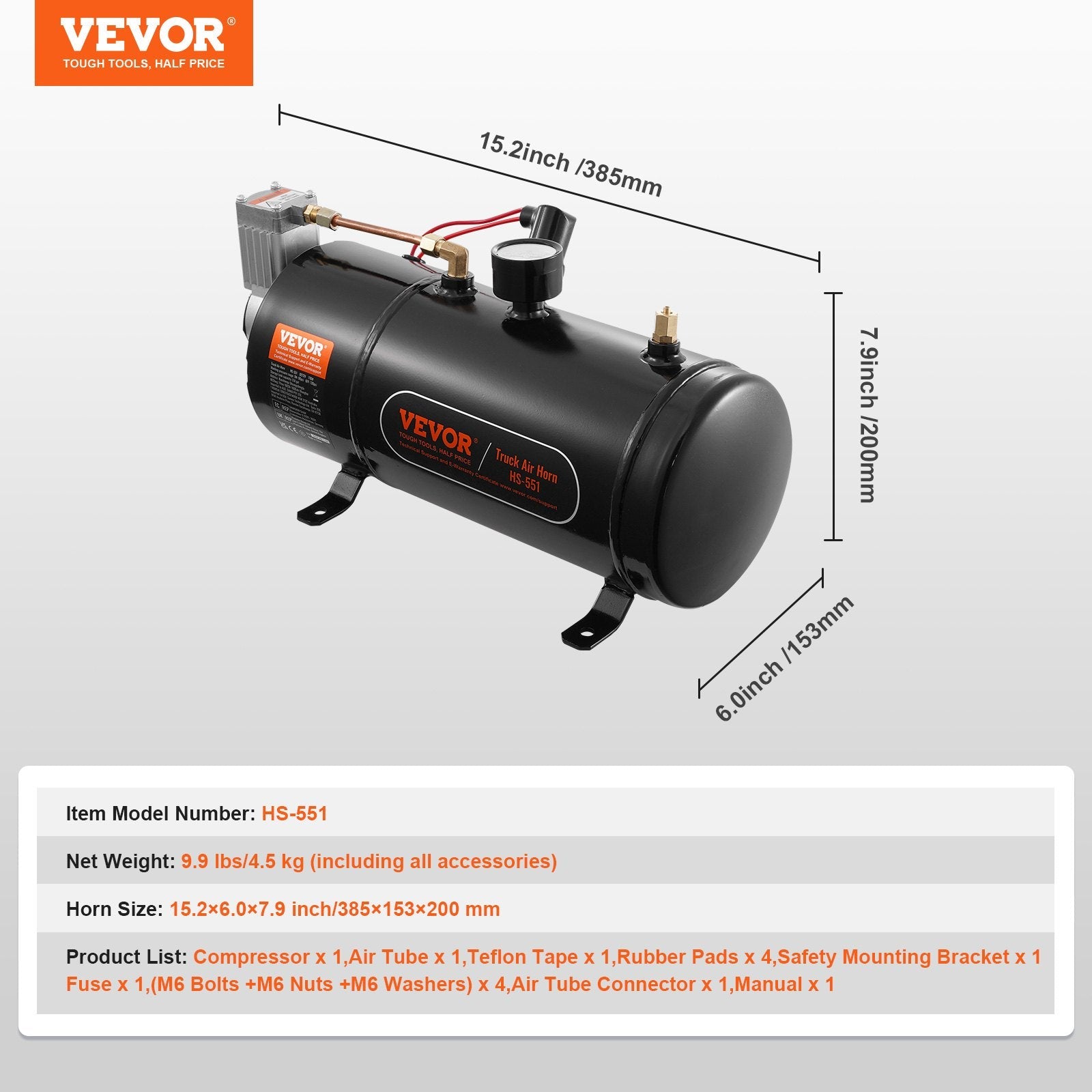VEVOR 12V Air Compressor with Tank 0.8 Gallon/3 L, Train Horn Air Compressor, 120 psi Working Pressure Onboard Air Compressor System for Train Air Horns, Inflating Tires, Air Mattresses 