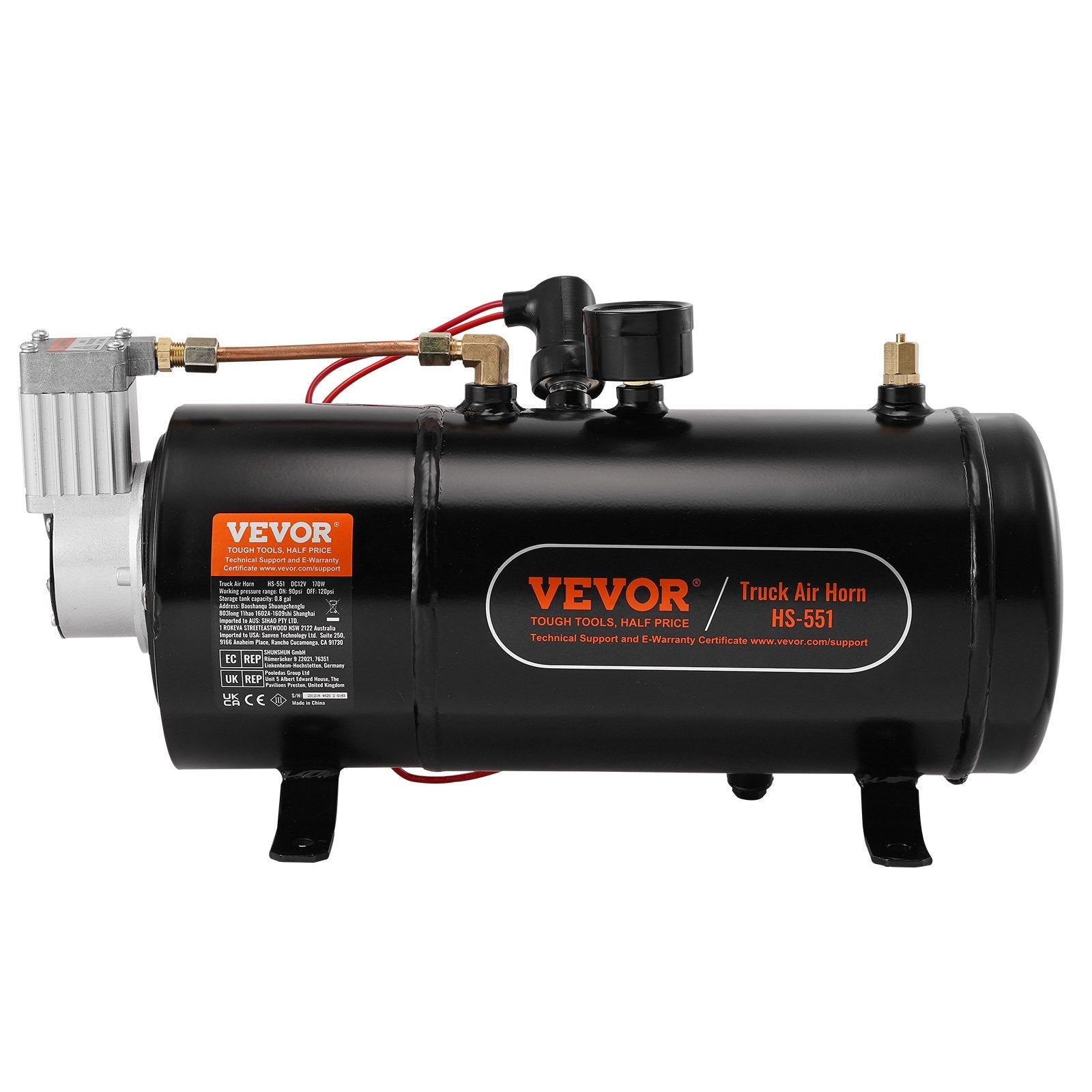 VEVOR 12V Air Compressor with Tank 0.8 Gallon/3 L, Train Horn Air Compressor, 120 psi Working Pressure Onboard Air Compressor System for Train Air Horns, Inflating Tires, Air Mattresses 