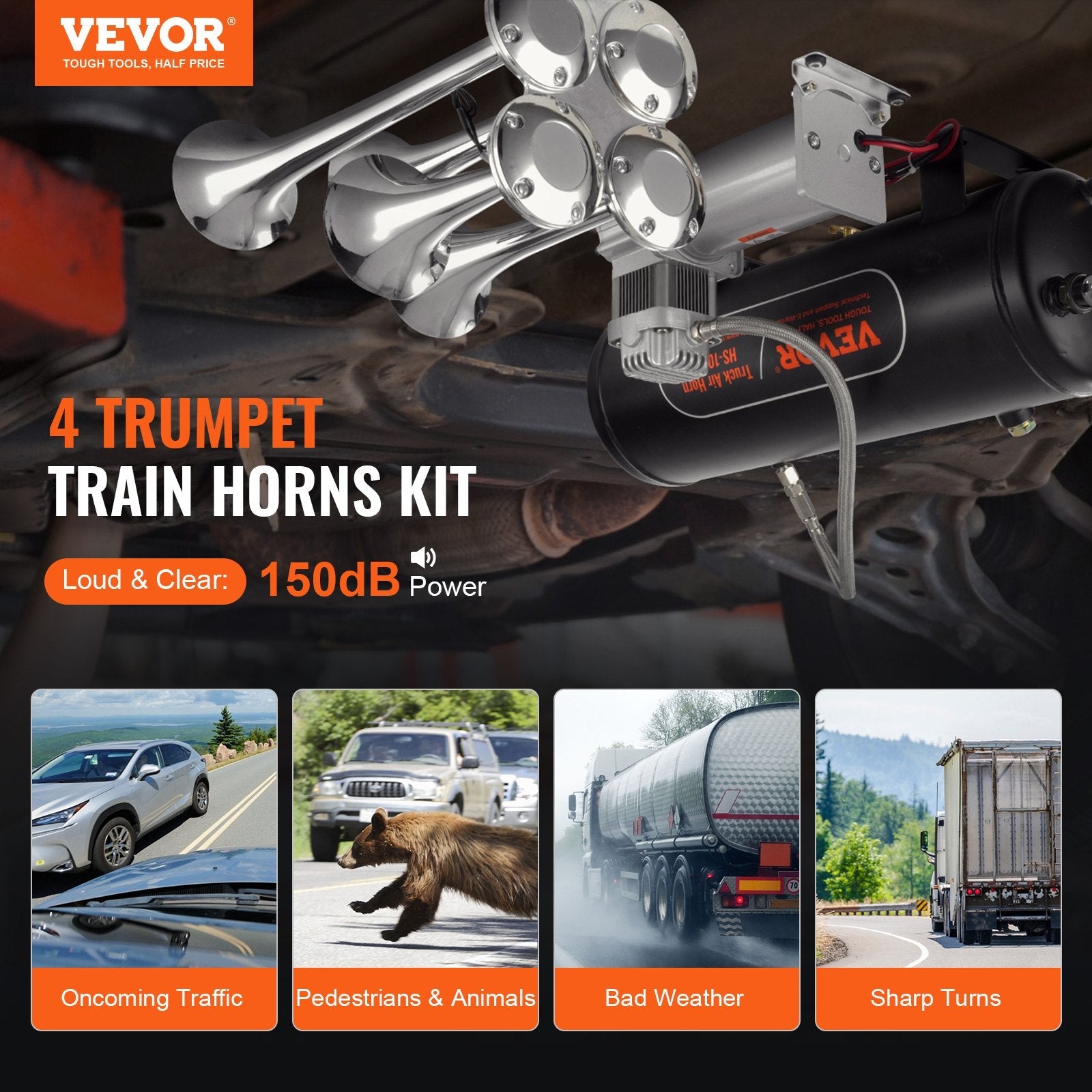 VEVOR Train Horns Kit, 4 Trumpet Air Horn Kit, 150dB Train Horns for Pickup Trucks, 12V 160 psi Air Compressor 2.6 Gal/10 L Tank with Gauge for Any 12V Vehicle Car Truck Train Van Boat 