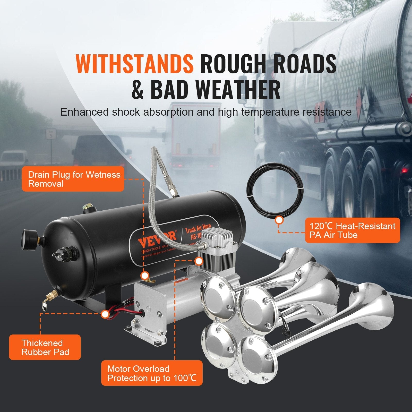 VEVOR Train Horns Kit, 4 Trumpet Air Horn Kit, 150dB Train Horns for Pickup Trucks, 12V 160 psi Air Compressor 2.6 Gal/10 L Tank with Gauge for Any 12V Vehicle Car Truck Train Van Boat 