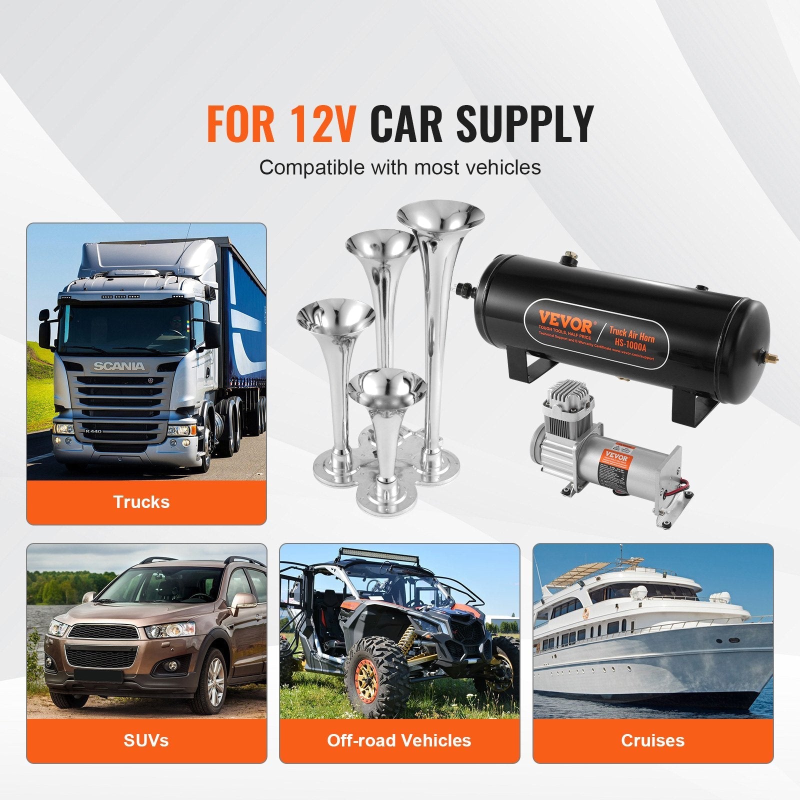 VEVOR Train Horns Kit, 4 Trumpet Air Horn Kit, 150dB Train Horns for Pickup Trucks, 12V 160 psi Air Compressor 2.6 Gal/10 L Tank with Gauge for Any 12V Vehicle Car Truck Train Van Boat 