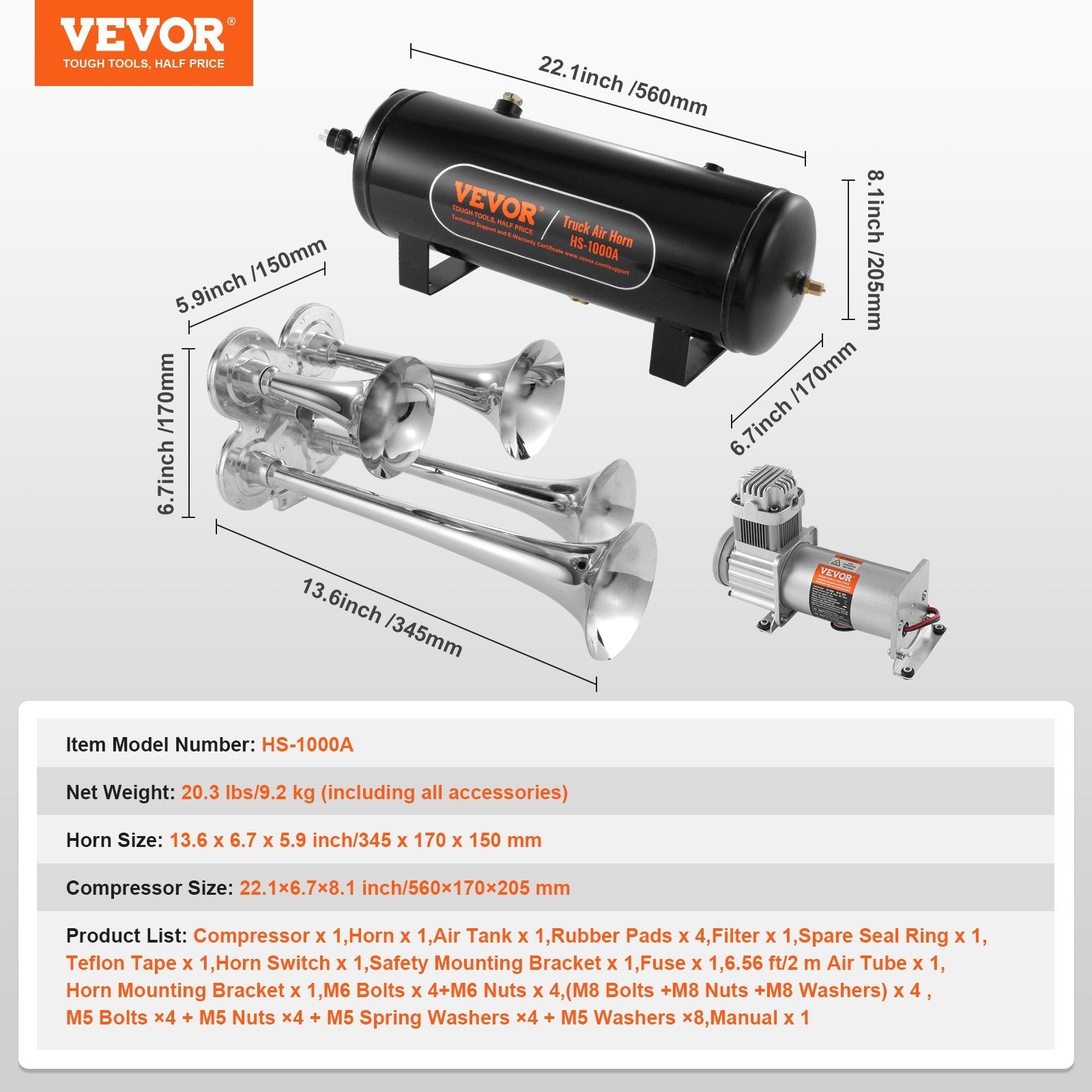 VEVOR Train Horns Kit, 4 Trumpet Air Horn Kit, 150dB Train Horns for Pickup Trucks, 12V 160 psi Air Compressor 2.6 Gal/10 L Tank with Gauge for Any 12V Vehicle Car Truck Train Van Boat 