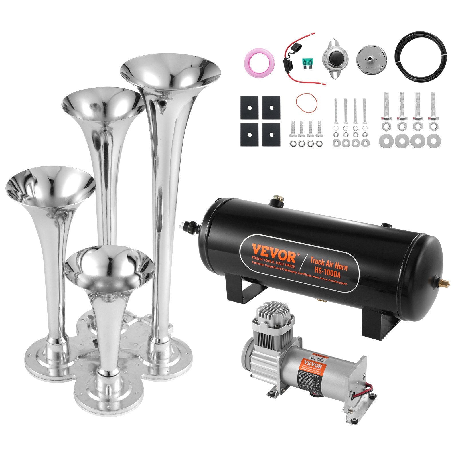 VEVOR Train Horns Kit, 4 Trumpet Air Horn Kit, 150dB Train Horns for Pickup Trucks, 12V 160 psi Air Compressor 2.6 Gal/10 L Tank with Gauge for Any 12V Vehicle Car Truck Train Van Boat 