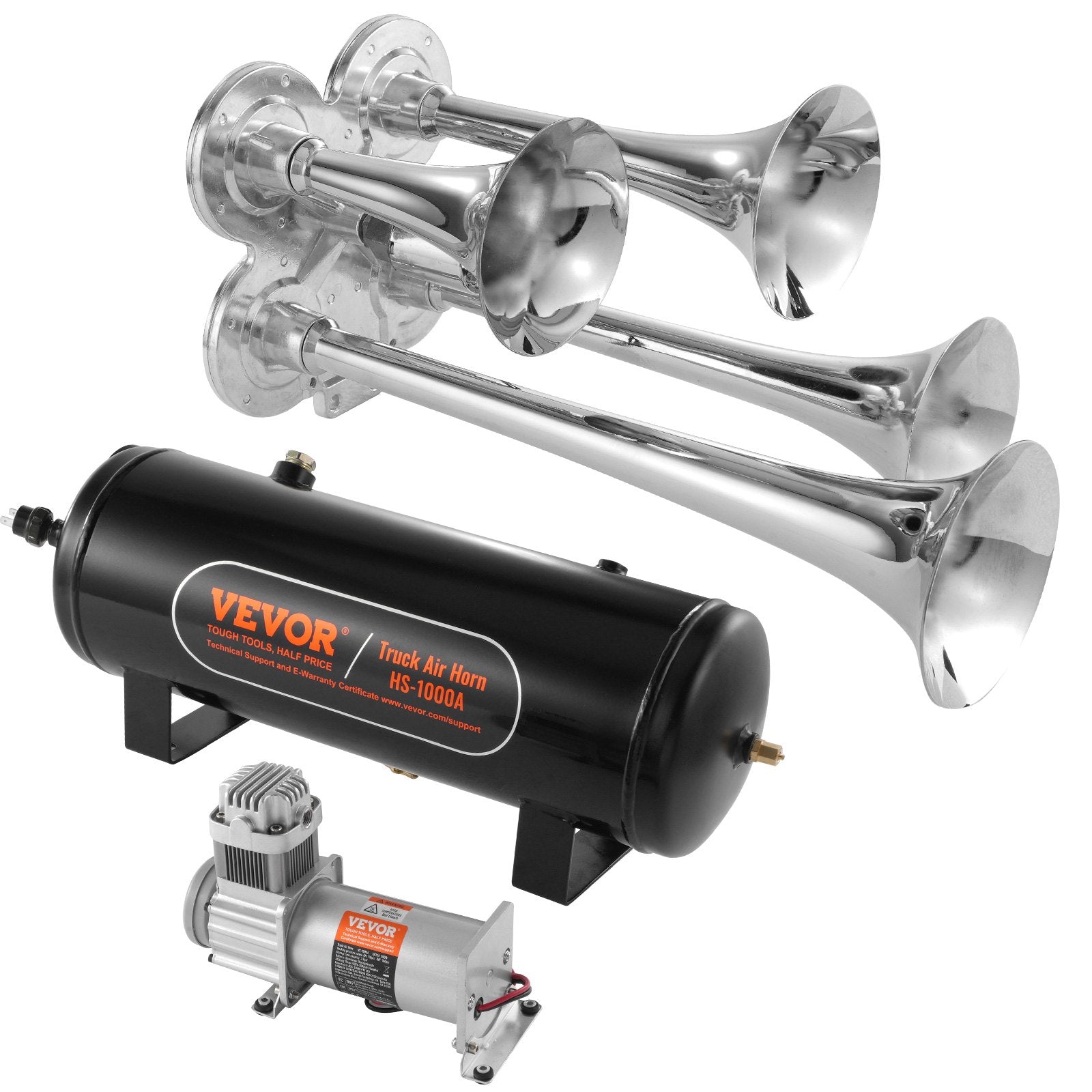 VEVOR Train Horns Kit, 4 Trumpet Air Horn Kit, 150dB Train Horns for Pickup Trucks, 12V 160 psi Air Compressor 2.6 Gal/10 L Tank with Gauge for Any 12V Vehicle Car Truck Train Van Boat 