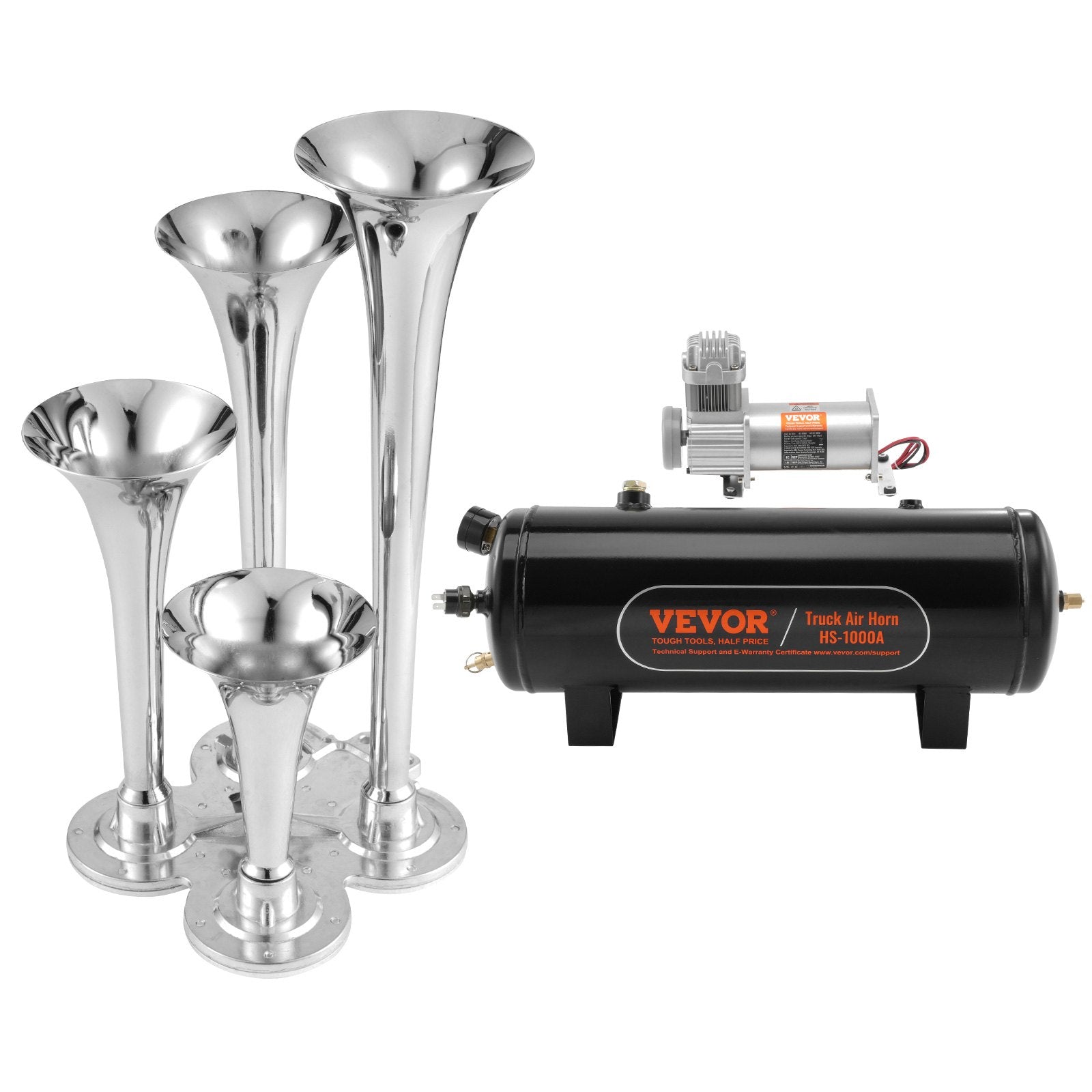 VEVOR Train Horns Kit, 4 Trumpet Air Horn Kit, 150dB Train Horns for Pickup Trucks, 12V 160 psi Air Compressor 2.6 Gal/10 L Tank with Gauge for Any 12V Vehicle Car Truck Train Van Boat 