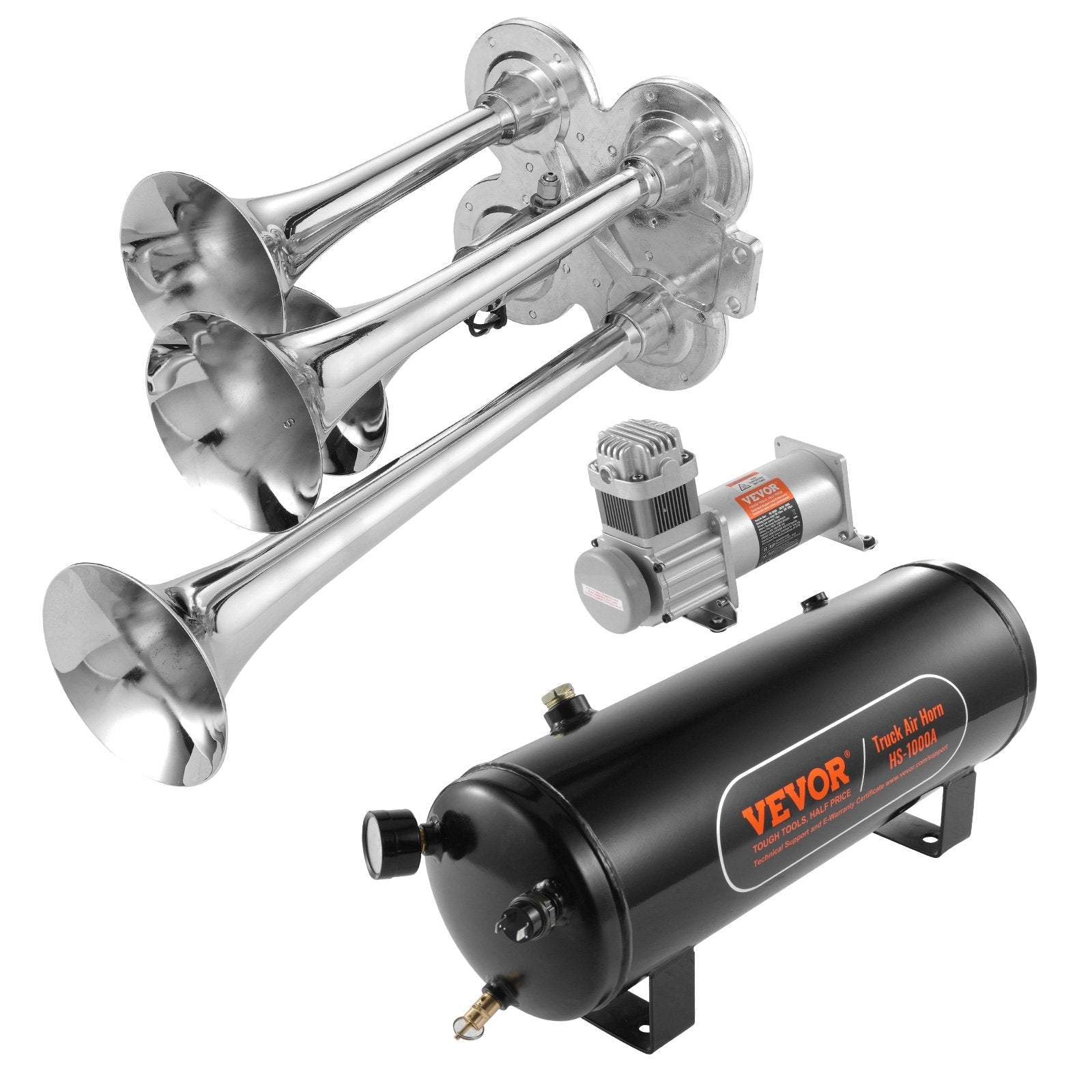 VEVOR Train Horns Kit, 4 Trumpet Air Horn Kit, 150dB Train Horns for Pickup Trucks, 12V 160 psi Air Compressor 2.6 Gal/10 L Tank with Gauge for Any 12V Vehicle Car Truck Train Van Boat 