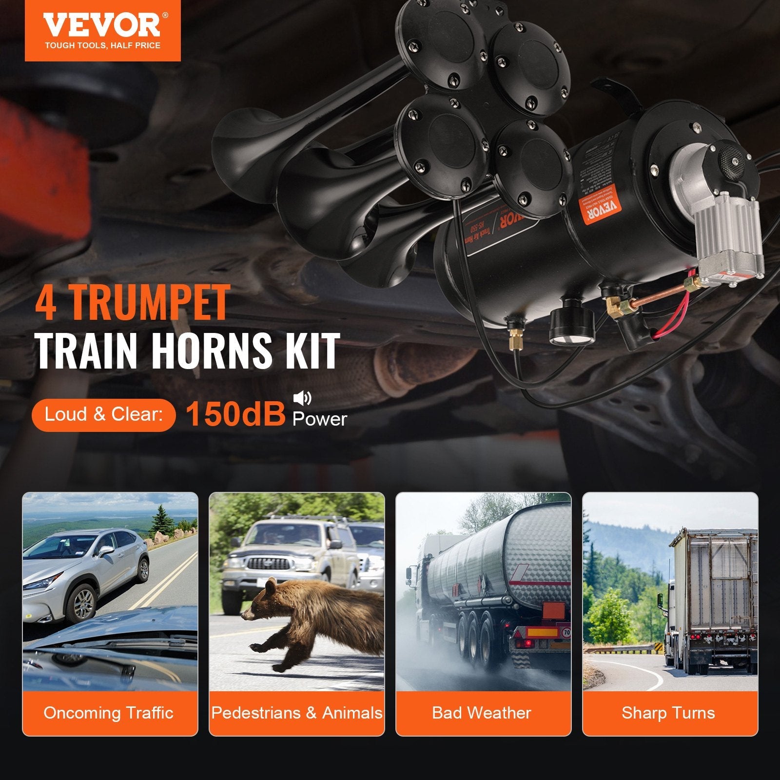 VEVOR Train Horns Kit, 4 Trumpet Air Horn Kit, 150dB Train Horns for Pickup Trucks, 12V 120 psi Air Compressor 0.8 Gal/3 L Tank with Gauge for Any 12V Vehicle Car Truck Train Van Boat 