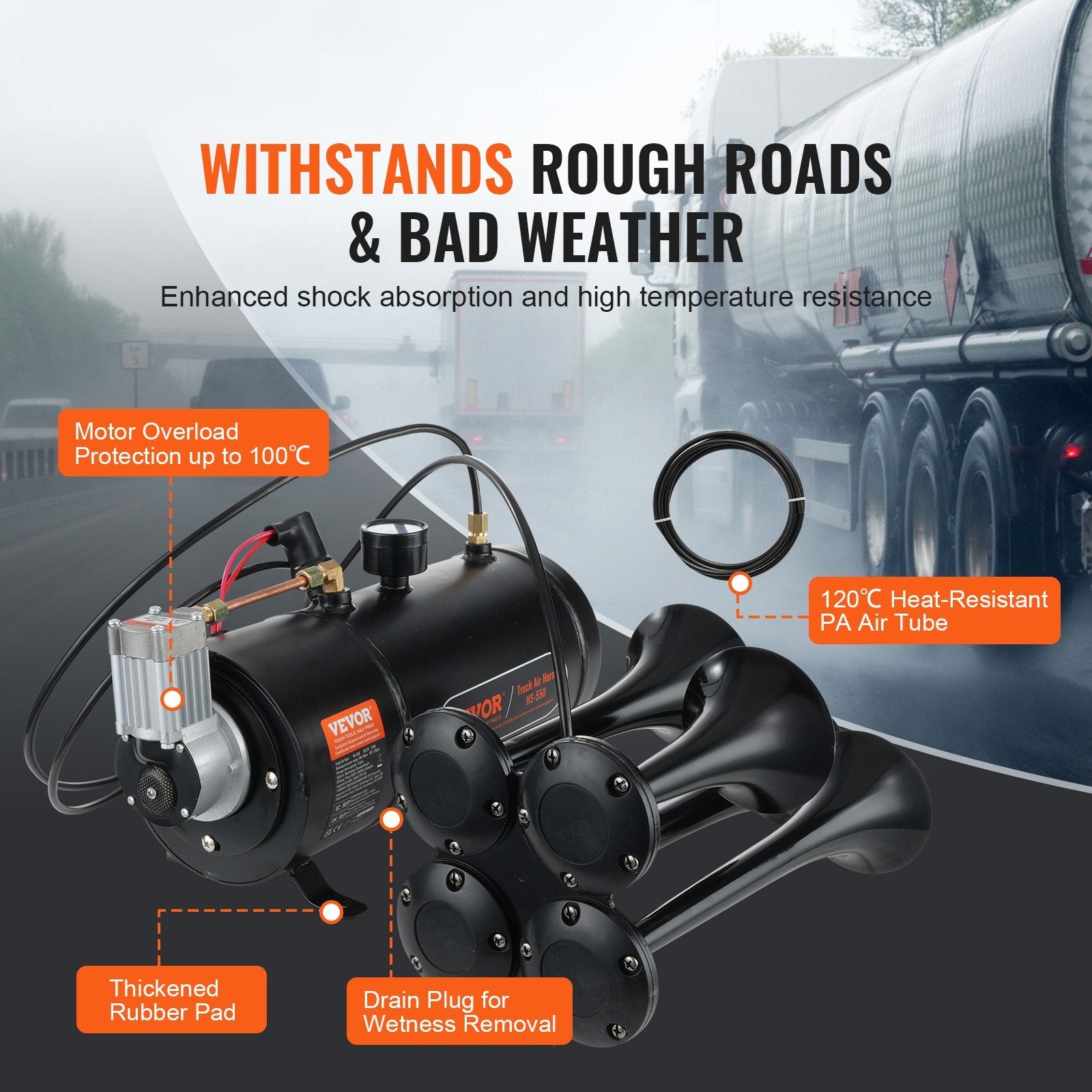 VEVOR Train Horns Kit, 4 Trumpet Air Horn Kit, 150dB Train Horns for Pickup Trucks, 12V 120 psi Air Compressor 0.8 Gal/3 L Tank with Gauge for Any 12V Vehicle Car Truck Train Van Boat 