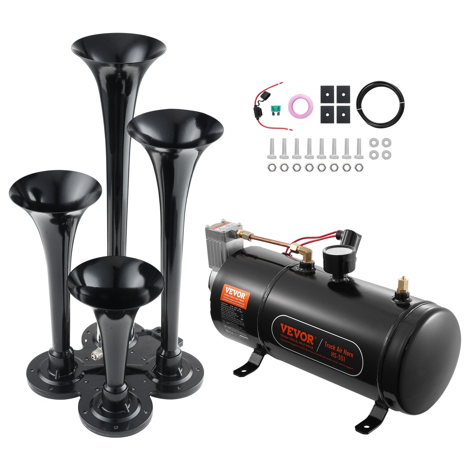 VEVOR Train Horns Kit, 4 Trumpet Air Horn Kit, 150dB Train Horns for Pickup Trucks, 12V 120 psi Air Compressor 0.8 Gal/3 L Tank with Gauge for Any 12V Vehicle Car Truck Train Van Boat 