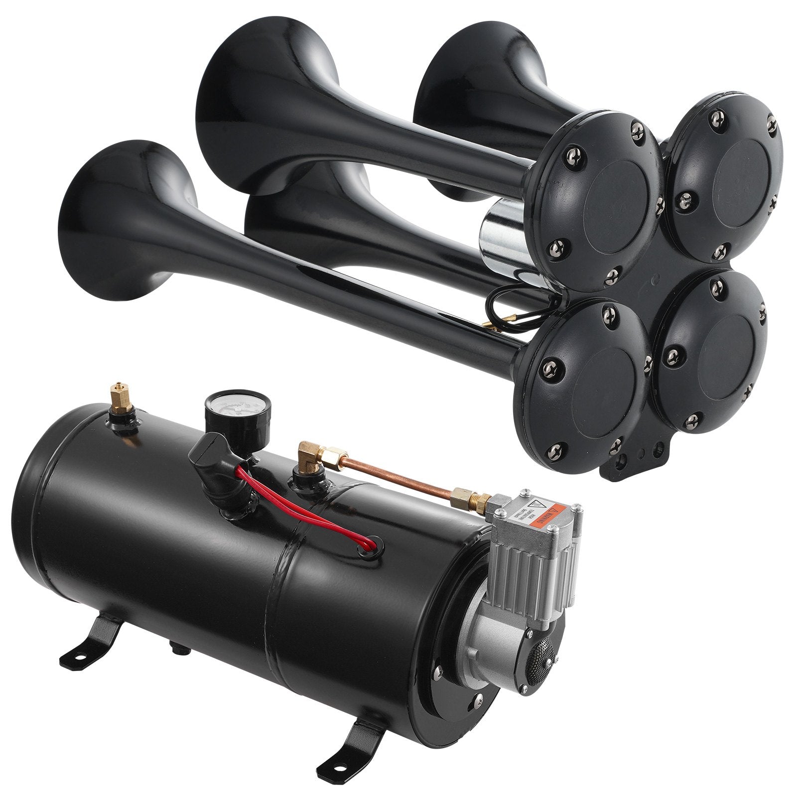 VEVOR Train Horns Kit, 4 Trumpet Air Horn Kit, 150dB Train Horns for Pickup Trucks, 12V 120 psi Air Compressor 0.8 Gal/3 L Tank with Gauge for Any 12V Vehicle Car Truck Train Van Boat 