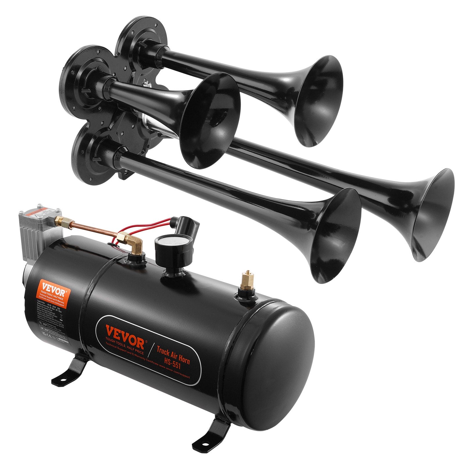 VEVOR Train Horns Kit, 4 Trumpet Air Horn Kit, 150dB Train Horns for Pickup Trucks, 12V 120 psi Air Compressor 0.8 Gal/3 L Tank with Gauge for Any 12V Vehicle Car Truck Train Van Boat 
