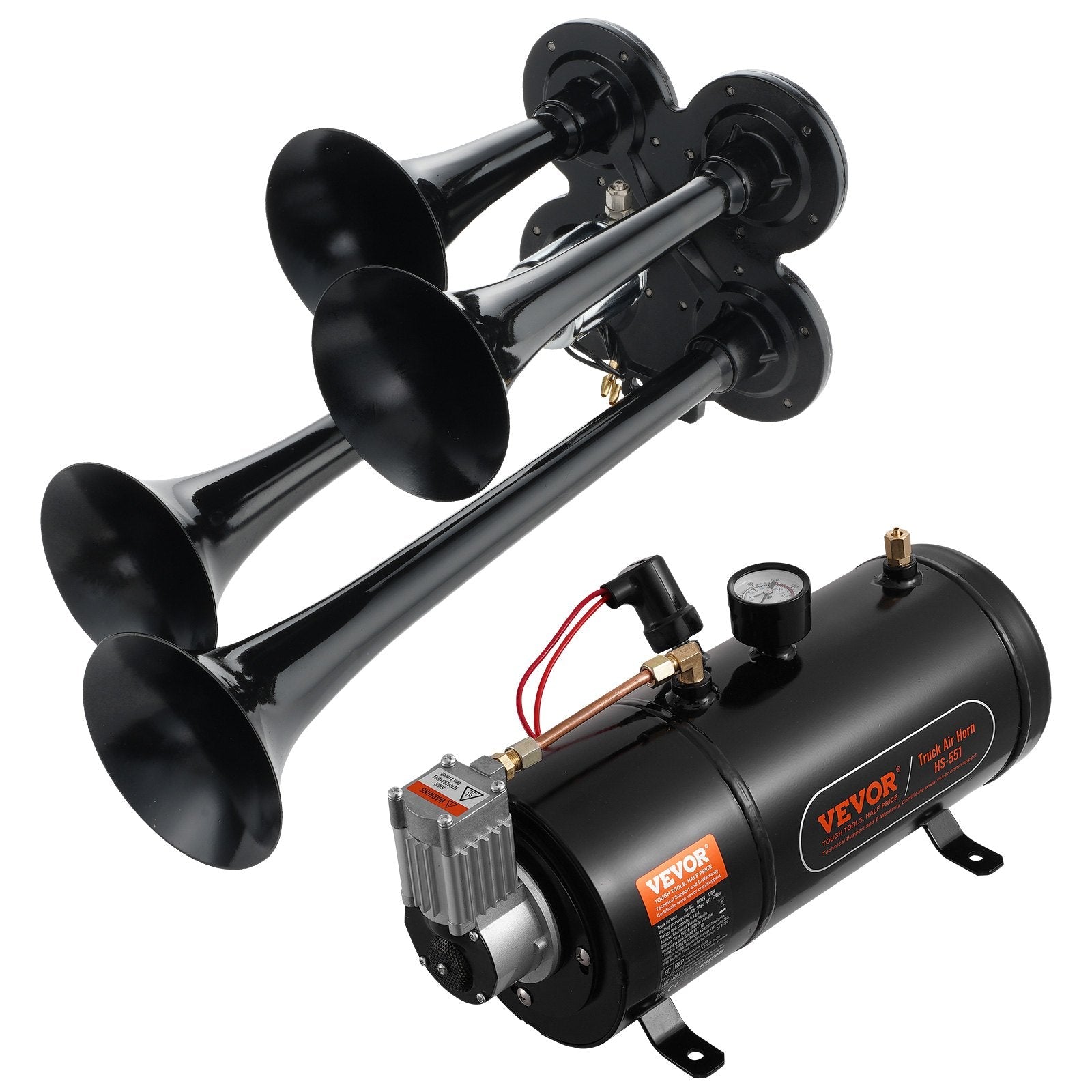 VEVOR Train Horns Kit, 4 Trumpet Air Horn Kit, 150dB Train Horns for Pickup Trucks, 12V 120 psi Air Compressor 0.8 Gal/3 L Tank with Gauge for Any 12V Vehicle Car Truck Train Van Boat 