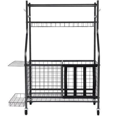 VEVOR Sports Equipment Garage Organizer, Rolling Ball Storage Cart on Wheels, Basketball Rack with Baskets & Hooks, Indoor/Outdoor Sports Gear and Toys Storage, Steel Sports Equipment Organizer, Black 