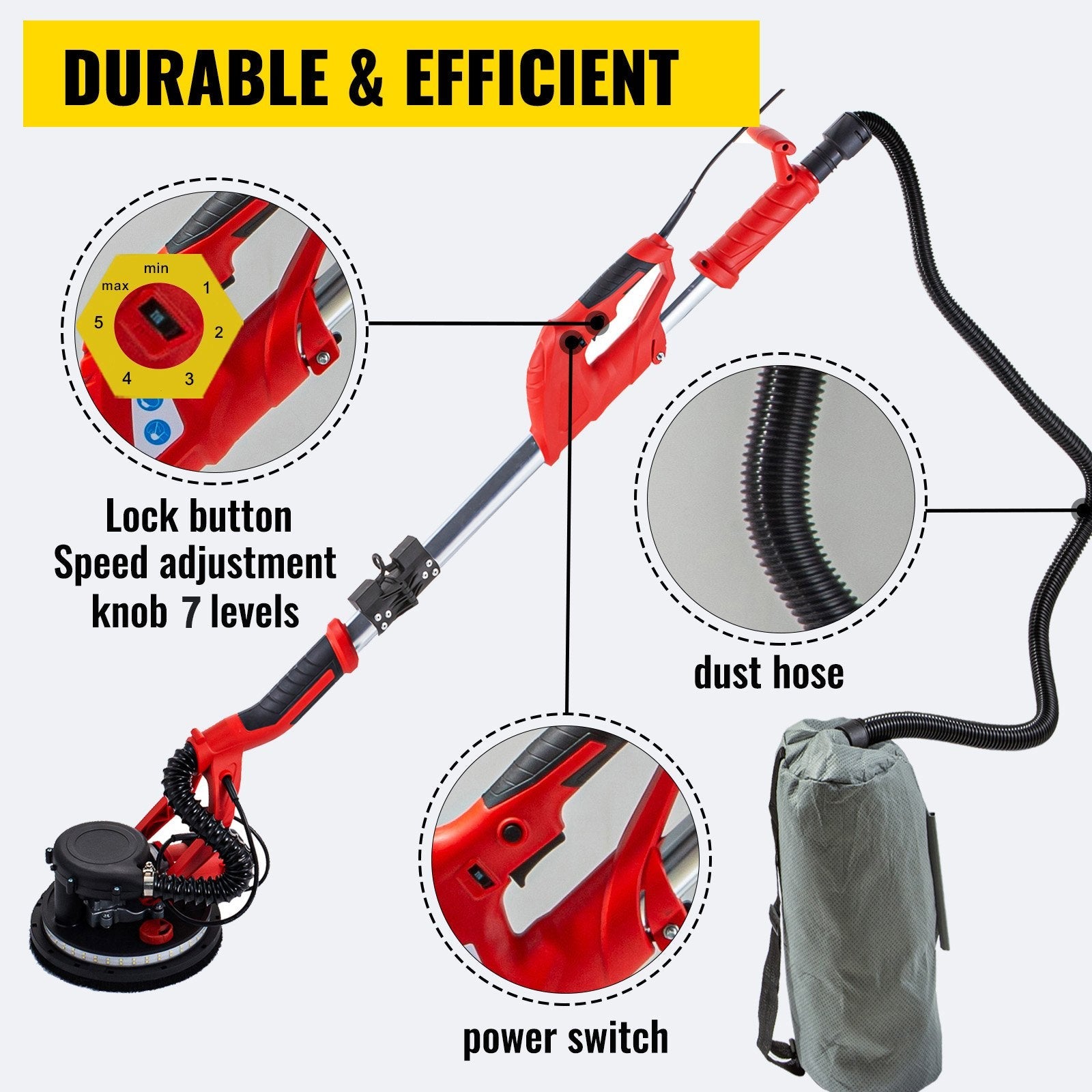 VEVOR Drywall Sander 850W, Electric Drywall Sander, Variable Speed 800-1750 RPM, Foldable Sheetrock Sander, with Telescope Handle, Electric Sander, with LED Strip Light and Vacuum Bag, Wall Sander 