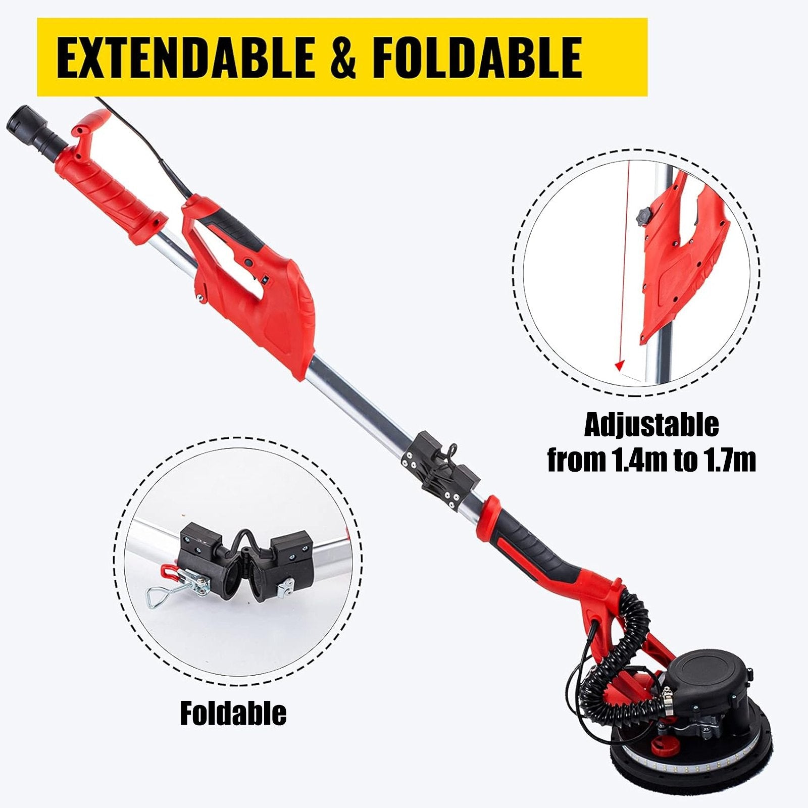 VEVOR Drywall Sander 850W, Electric Drywall Sander, Variable Speed 800-1750 RPM, Foldable Sheetrock Sander, with Telescope Handle, Electric Sander, with LED Strip Light and Vacuum Bag, Wall Sander 