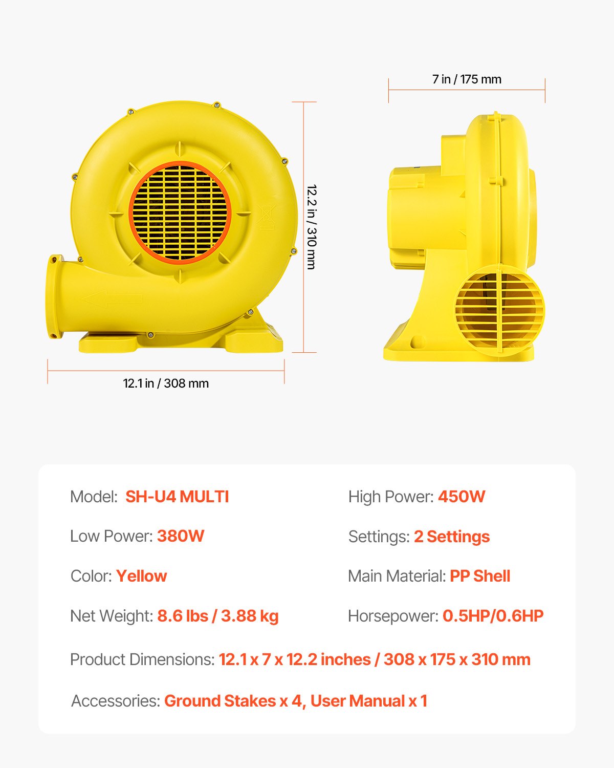 VEVOR Inflatable Bounce House Blower 0.5&0.6HP 450W for Commercial Bounce House 