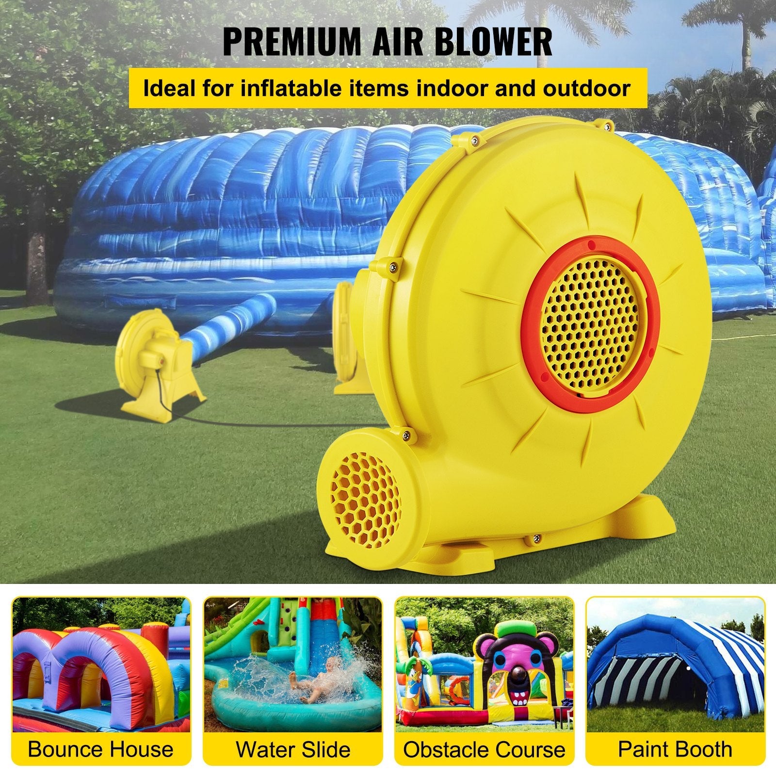 VEVOR Air Blower, 450W 0.6HP Inflatable Blower, Portable and Powerful Bounce House Blower, 1750Pa Commercial Air Blower Pump Fan, Used for Inflatable Bouncy Castle and Jump Slides, Yellow 
