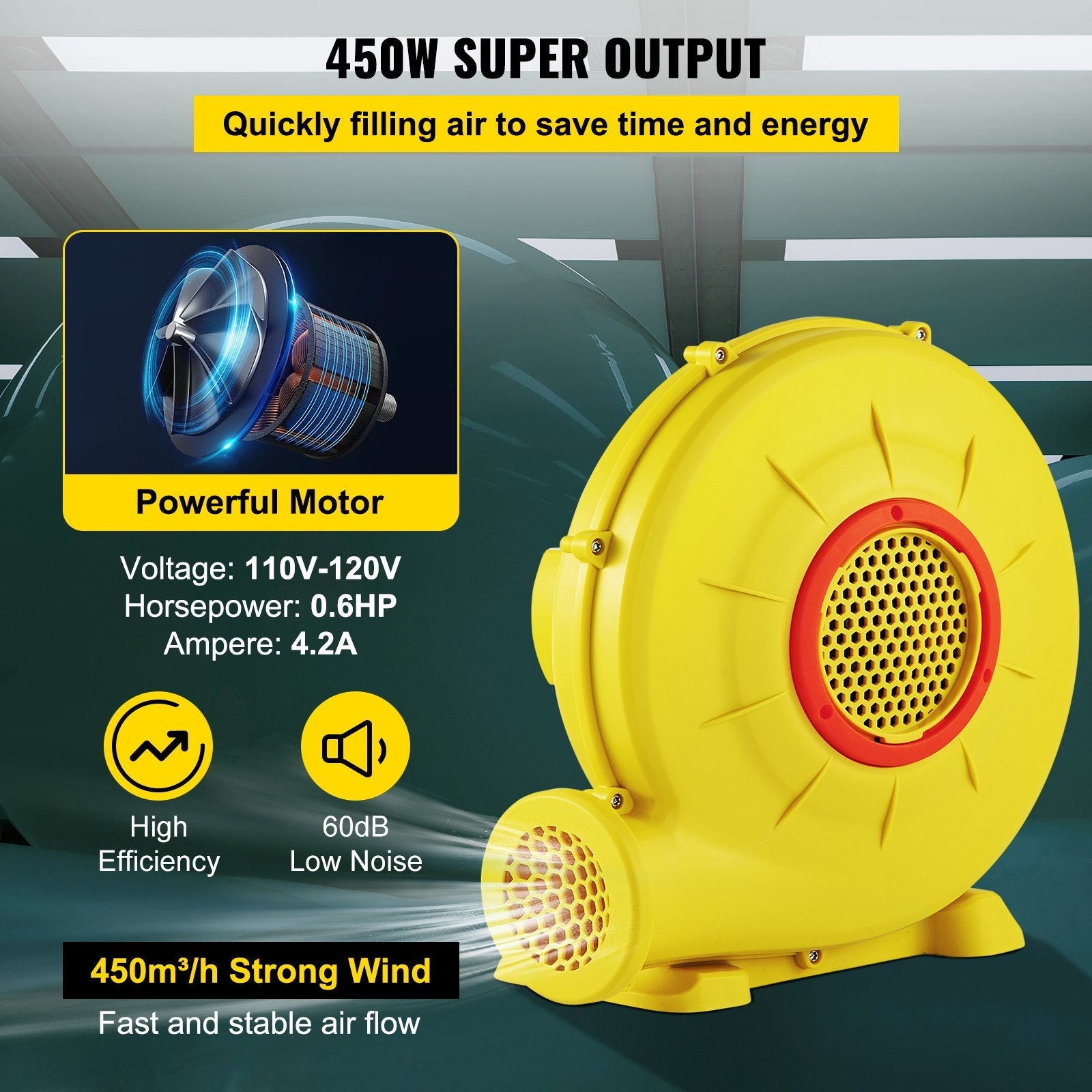 VEVOR Air Blower, 450W 0.6HP Inflatable Blower, Portable and Powerful Bounce House Blower, 1750Pa Commercial Air Blower Pump Fan, Used for Inflatable Bouncy Castle and Jump Slides, Yellow 