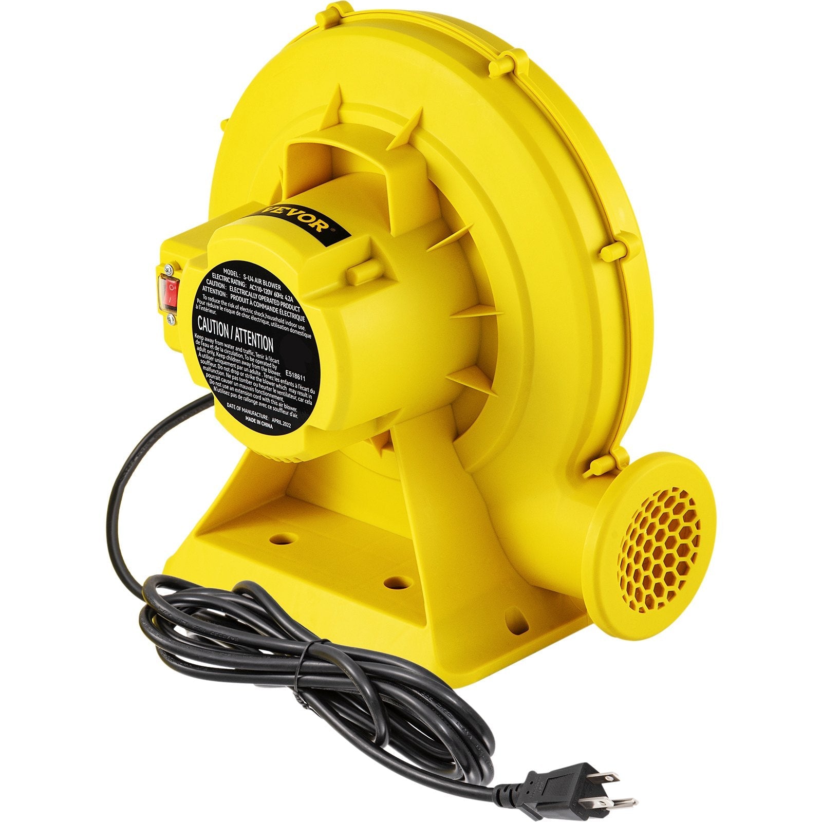 VEVOR Air Blower, 450W 0.6HP Inflatable Blower, Portable and Powerful Bounce House Blower, 1750Pa Commercial Air Blower Pump Fan, Used for Inflatable Bouncy Castle and Jump Slides, Yellow 
