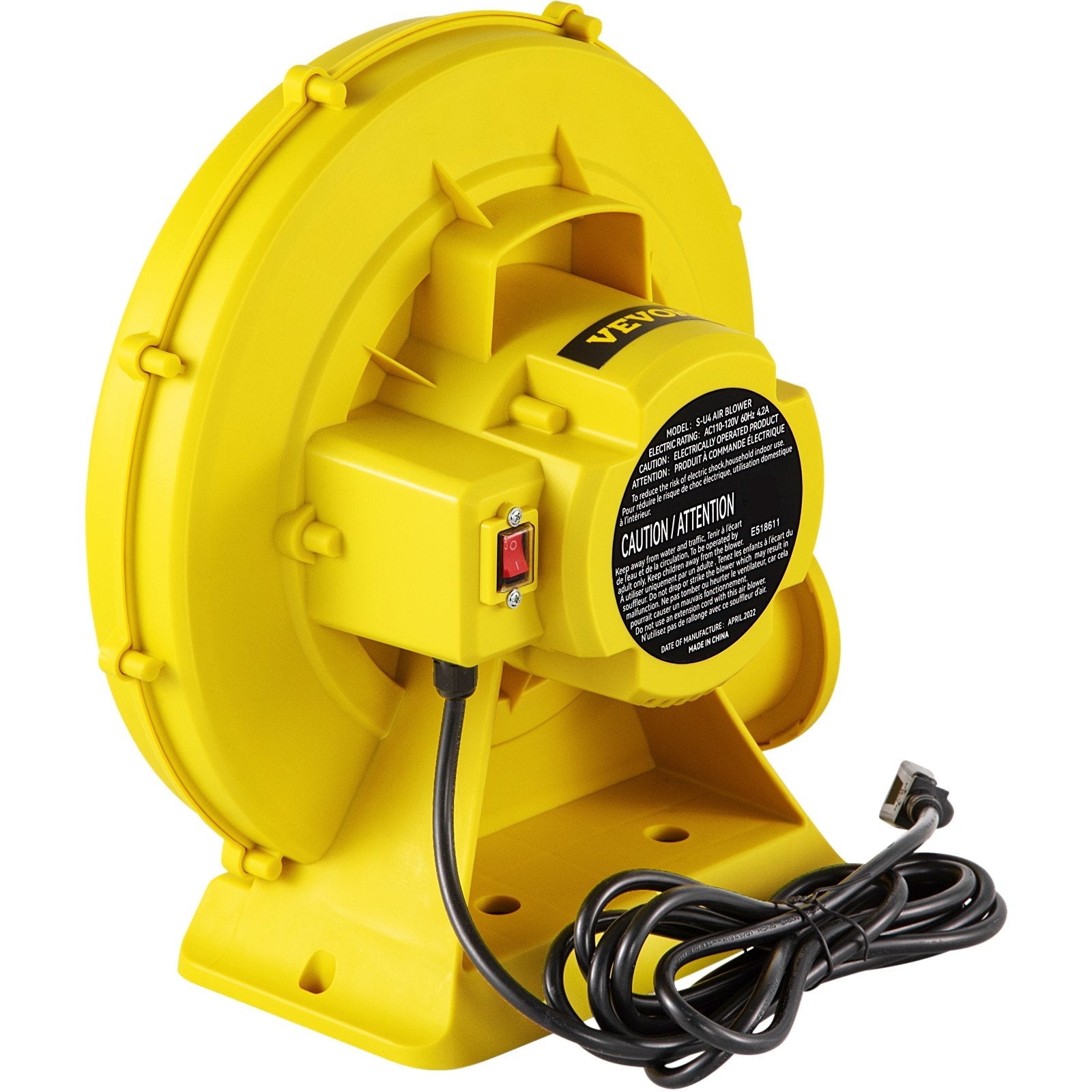 VEVOR Air Blower, 450W 0.6HP Inflatable Blower, Portable and Powerful Bounce House Blower, 1750Pa Commercial Air Blower Pump Fan, Used for Inflatable Bouncy Castle and Jump Slides, Yellow 