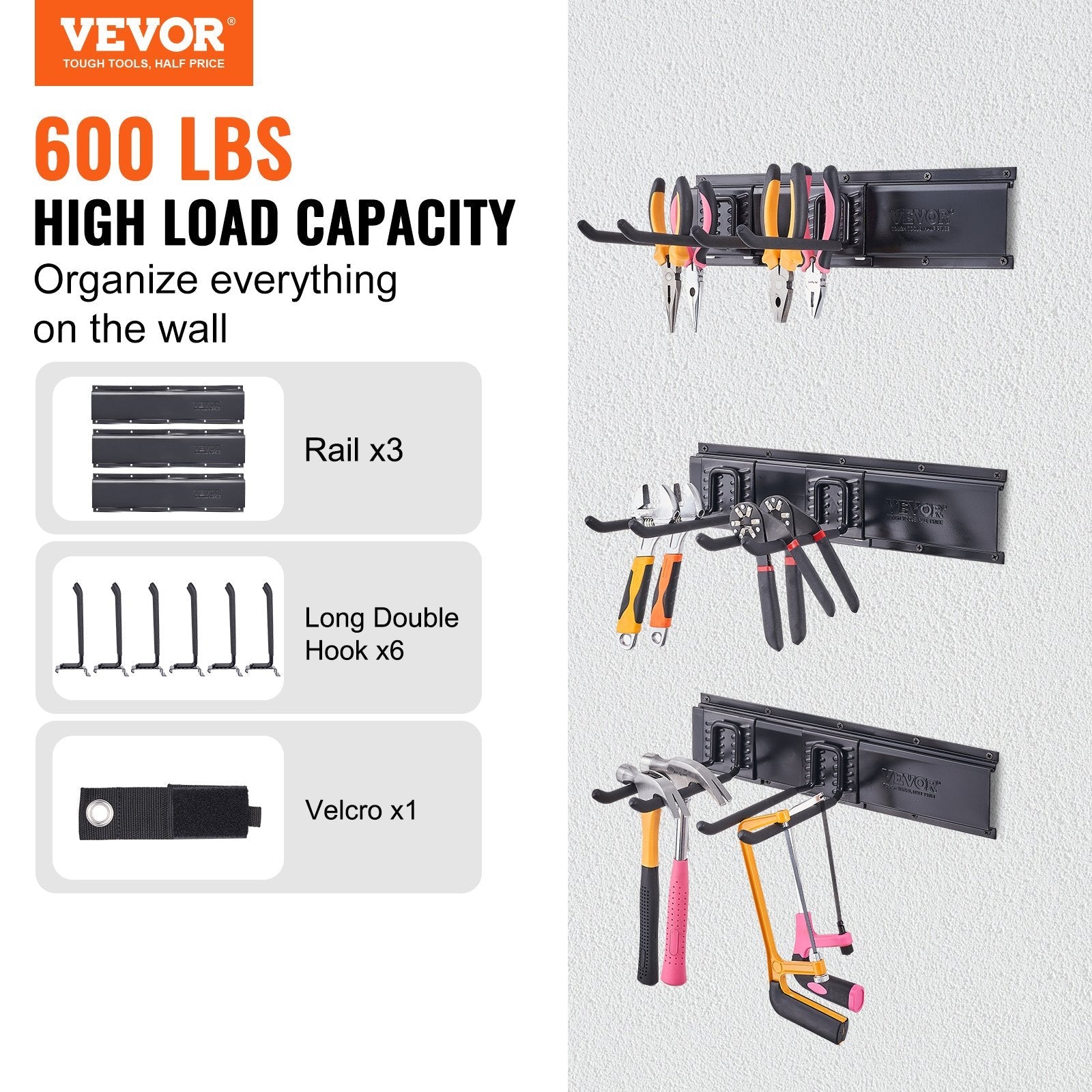 VEVOR Garage Tool Organizer, 600 lbs Max Load Capacity, Wall Mount Yard Garden Storage Rack Organization Heavy Duty with 6 Adjustable Hooks and 3 Rails, for Garden Tools, Shovels, Trimmers, and Hoses 