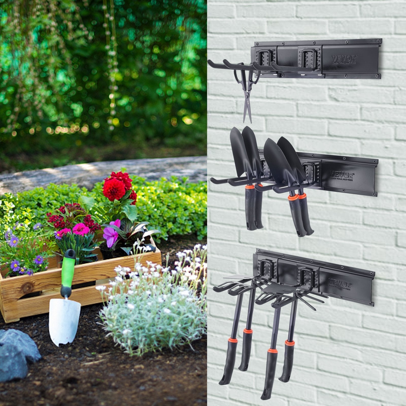 VEVOR Garage Tool Organizer, 600 lbs Max Load Capacity, Wall Mount Yard Garden Storage Rack Organization Heavy Duty with 6 Adjustable Hooks and 3 Rails, for Garden Tools, Shovels, Trimmers, and Hoses 