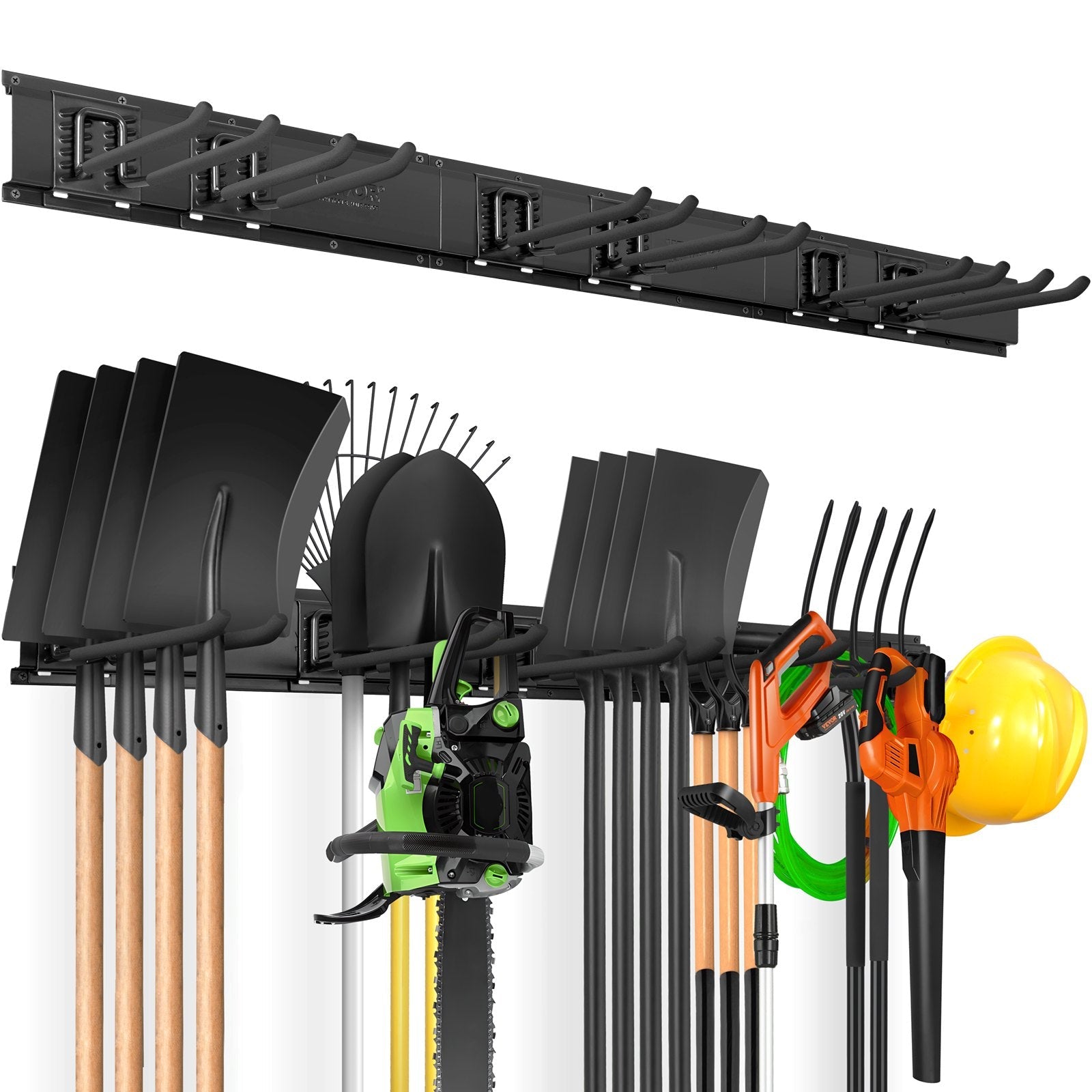 VEVOR Garage Tool Organizer, 600 lbs Max Load Capacity, Wall Mount Yard Garden Storage Rack Organization Heavy Duty with 6 Adjustable Hooks and 3 Rails, for Garden Tools, Shovels, Trimmers, and Hoses 