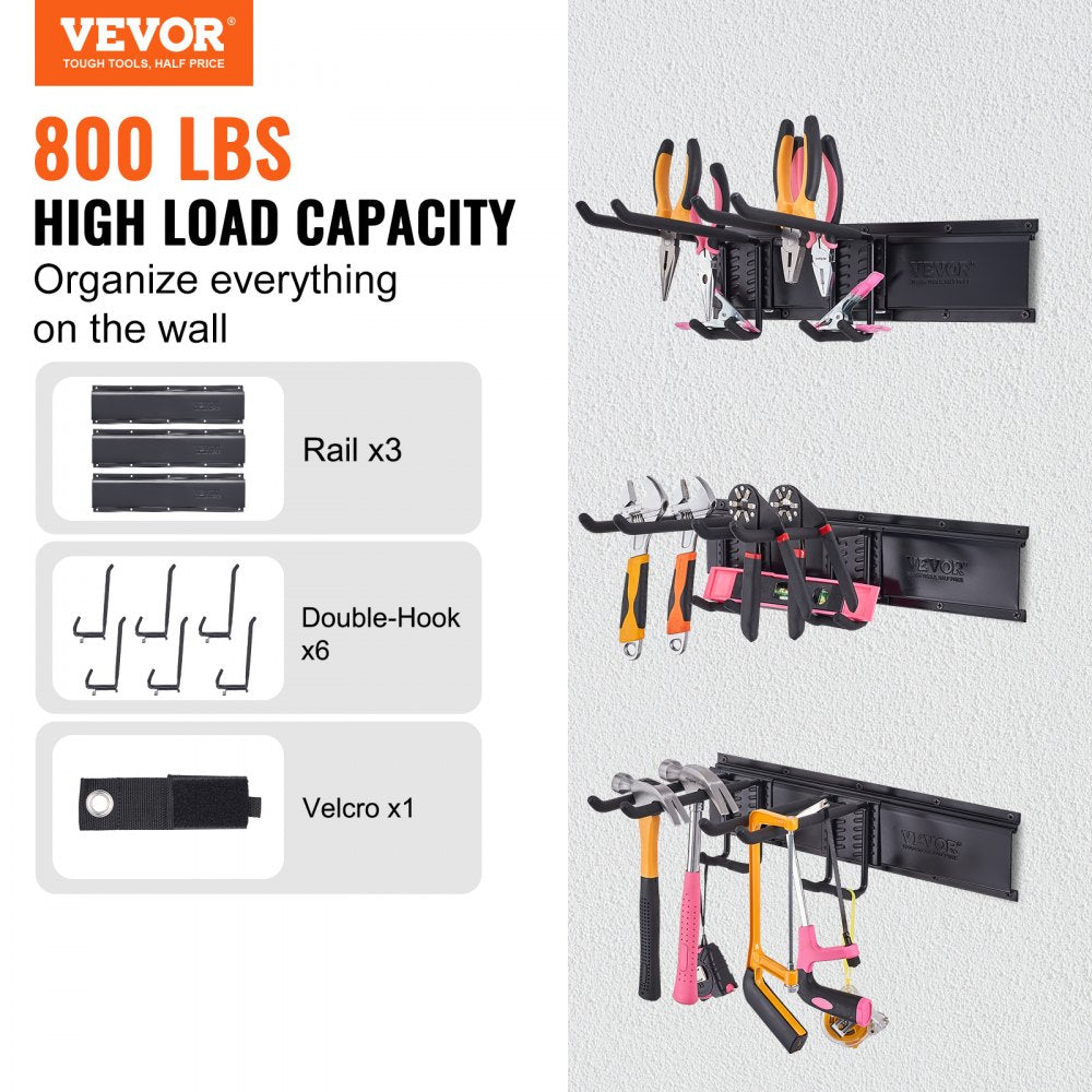 VEVOR Garage Tool Organizer, 800 lbs Max Load Capacity, Wall Mount Yard Garden Storage Rack Organization Heavy Duty with 6 Adjustable Hooks and 3 Rails, for Garden Tools, Shovels, Trimmers, and Hoses 