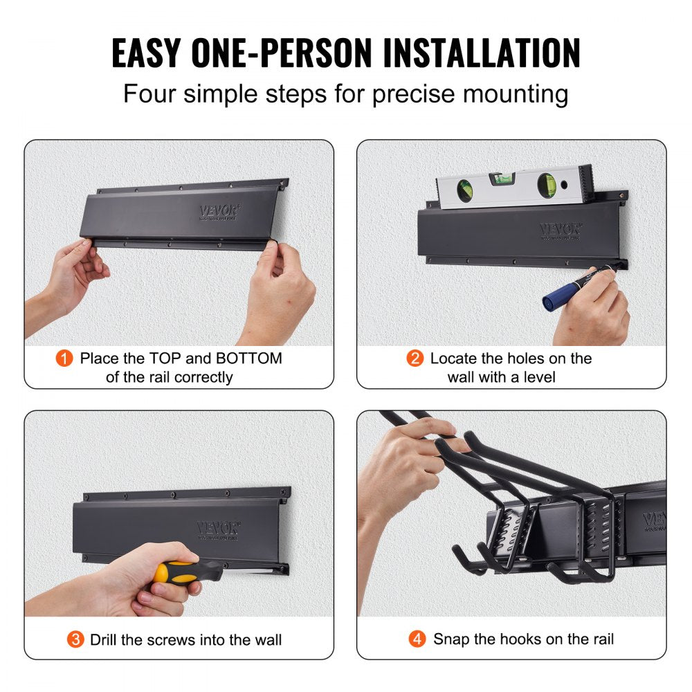VEVOR Garage Tool Organizer, 800 lbs Max Load Capacity, Wall Mount Yard Garden Storage Rack Organization Heavy Duty with 6 Adjustable Hooks and 3 Rails, for Garden Tools, Shovels, Trimmers, and Hoses 