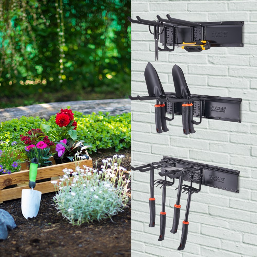 VEVOR Garage Tool Organizer, 800 lbs Max Load Capacity, Wall Mount Yard Garden Storage Rack Organization Heavy Duty with 6 Adjustable Hooks and 3 Rails, for Garden Tools, Shovels, Trimmers, and Hoses 