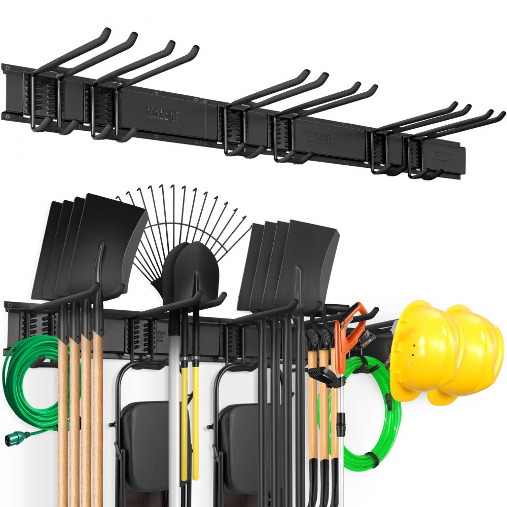 VEVOR Garage Tool Organizer, 800 lbs Max Load Capacity, Wall Mount Yard Garden Storage Rack Organization Heavy Duty with 6 Adjustable Hooks and 3 Rails, for Garden Tools, Shovels, Trimmers, and Hoses 