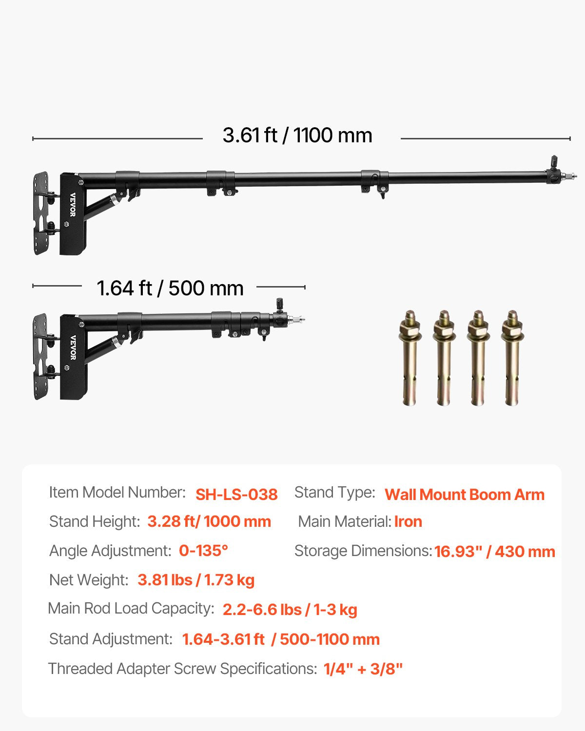 VEVOR Wall Mount Triangle Boom Arm Light Stand 39.37in/100cm Ring Light Support 