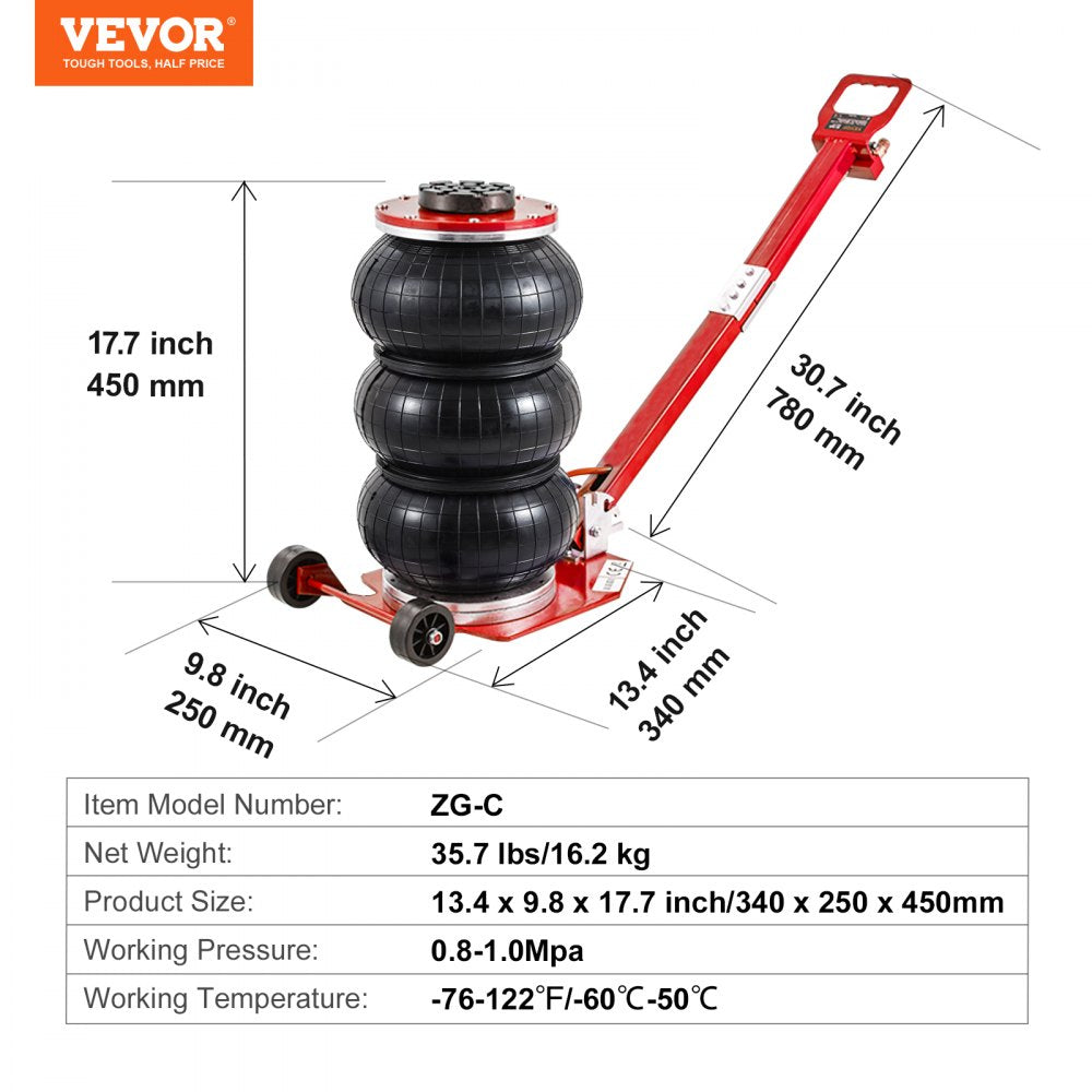 VEVOR Air Jack, 3 Ton/6600 lbs Triple Bag Air Jack, Airbag Jack with Six Steel Pipes, Lift up to 17.7", 3-5 s Fast Lifting Pneumatic Jack, with Adjustable Long Handle for Cars, Garages, Repair (Red) 