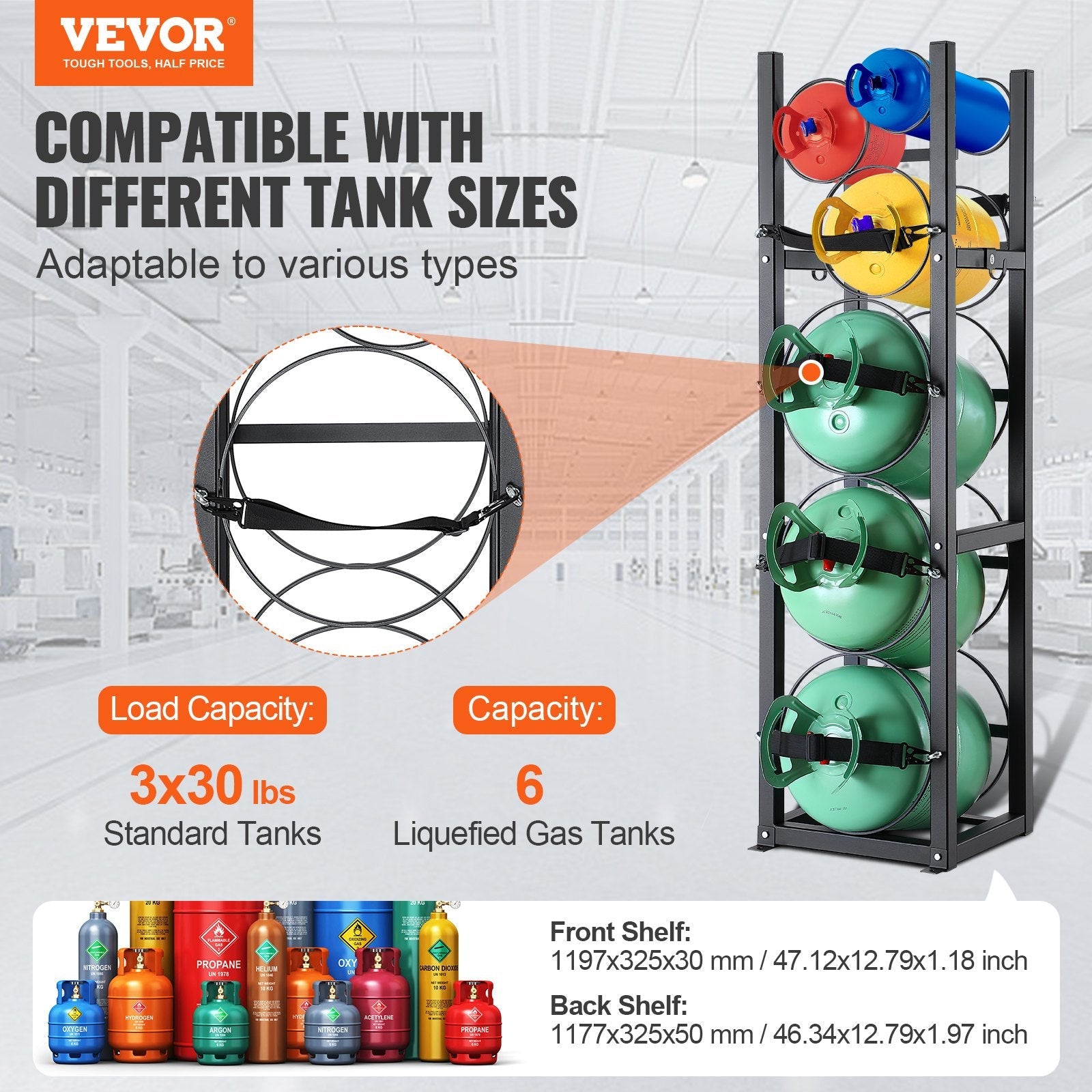 VEVOR Refrigerant Tank Rack, with 3 x 30lbs and Other 3 Small Bottle Tanks, Cylinder Tank Rack 12.79x12.99x47.12 in, Refrigerant Cylinder Rack and Holders for Freon, Gases, Oxygen, Nitrogen 