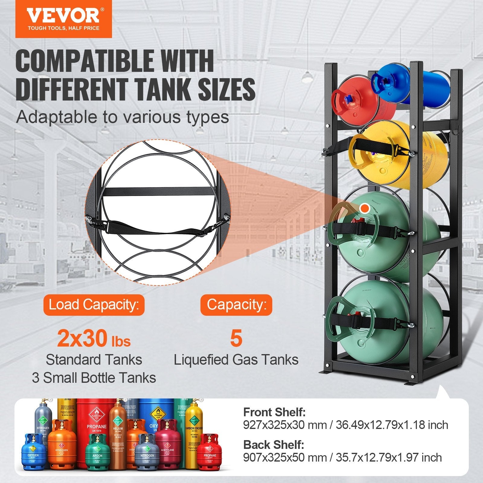 VEVOR Refrigerant Tank Rack, with 2 x 30lbs and Other 3 Small Bottle Tanks, Cylinder Tank Rack 12.79x12.99x47.12 in, Refrigerant Cylinder Rack and Holders for Freon, Gases, Oxygen, Nitrogen 