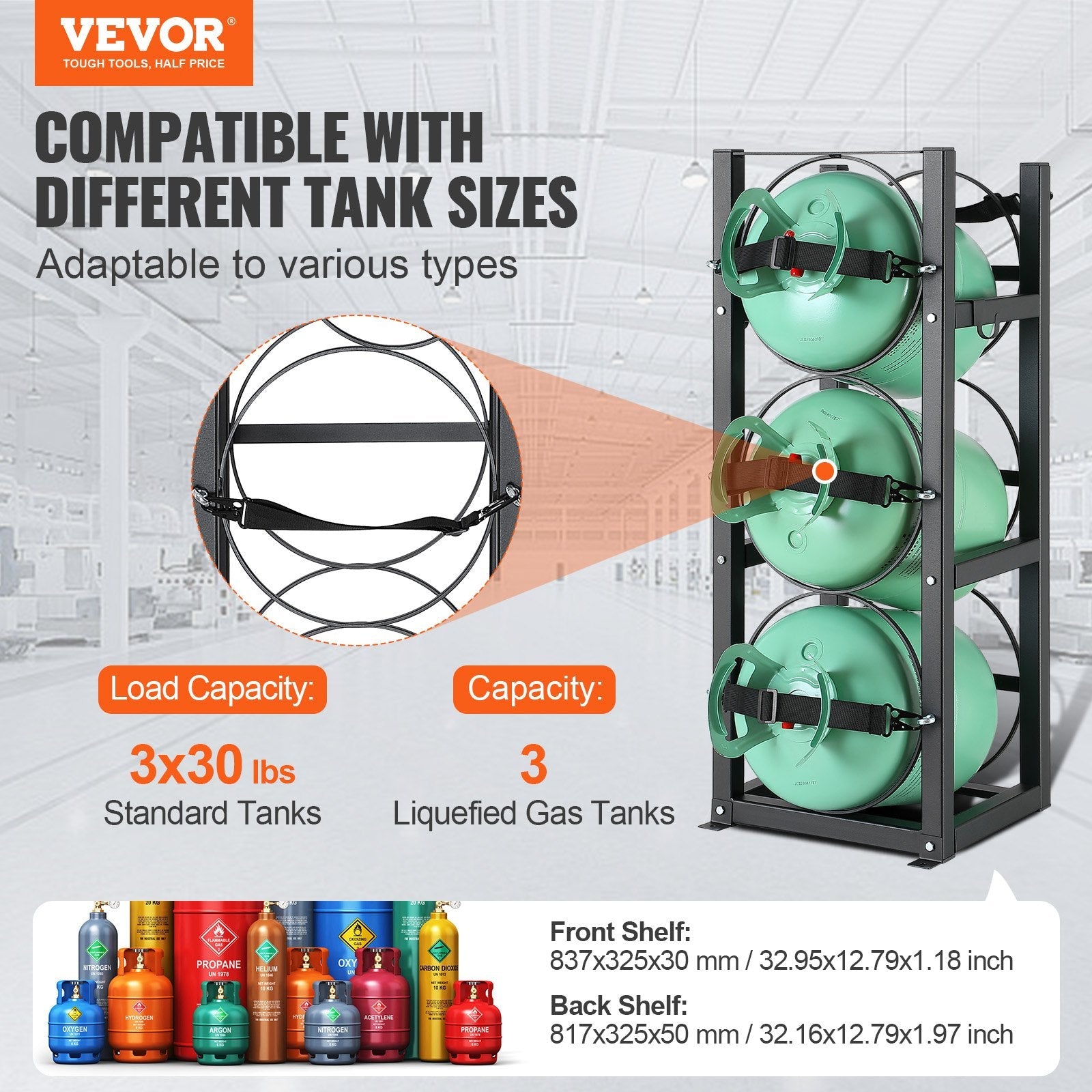 VEVOR Refrigerant Tank Rack, with 3 x 30lbs Bottle Tanks, Cylinder Tank Rack 12.79x12.99x33.07 in, Refrigerant Cylinder Rack Gas Cylinder Racks and Holders for Freon, Gases, Oxygen, Nitrogen 