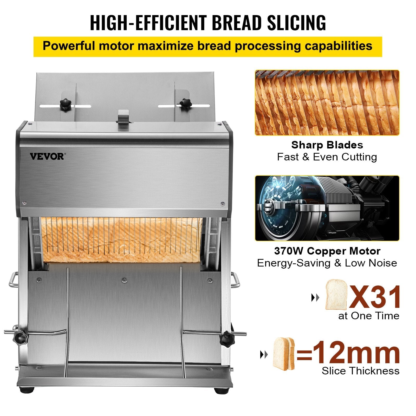 VEVOR Commercial Toast Bread Slicer, 12mm Thickness Electric Bread Cutting Machine, 31PCS Commercial Bakery Bread Slicer, 110V Toast Cutter Cutting Machine, Bread Cutter for Bread Sheet Cutter Cutting 