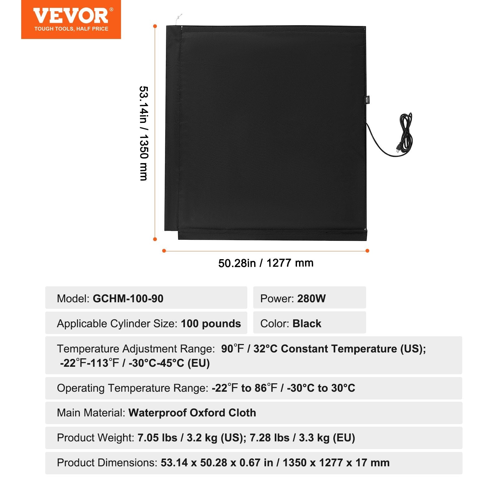 VEVOR Insulated Band Style Gas Cylinder Warmer for 100 lbs Gas Tanks 280W 90 ? 