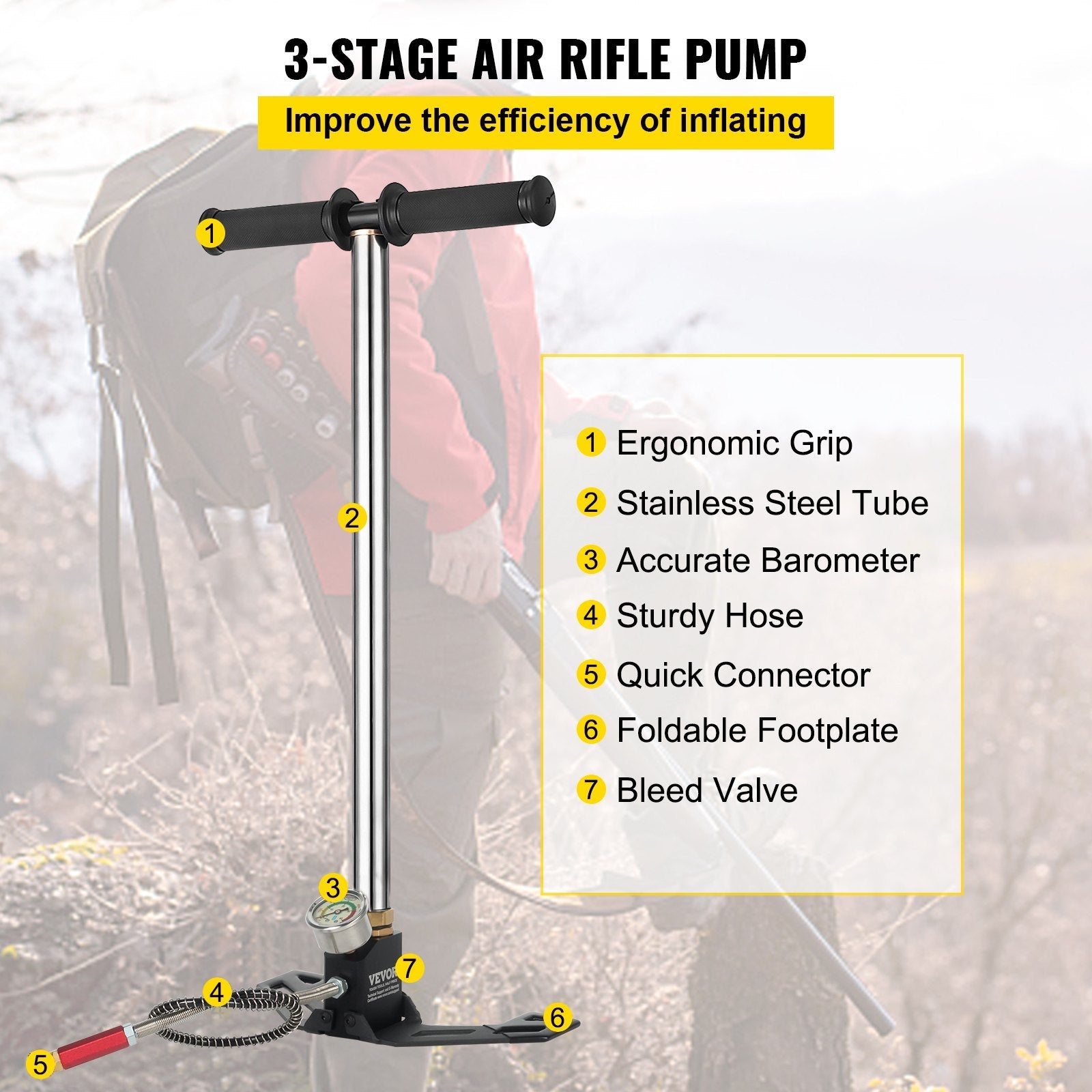 VEVOR Airgun PCP Pump 4500PSI High Pressure Hand Pump 3 Stage Pump Chamber PCP Air Pump 