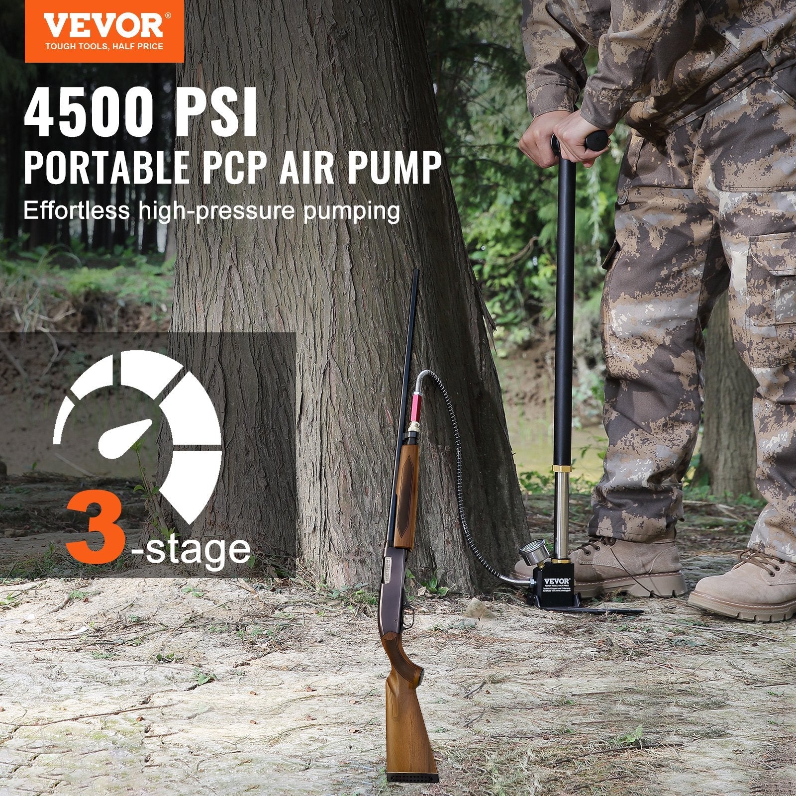 VEVOR High Pressure Hand Pump 3 Stage Airgun PCP Pump 4500PSI Stirrup Pump Air Rifle Filling Stirrup Pump(30MPA) 