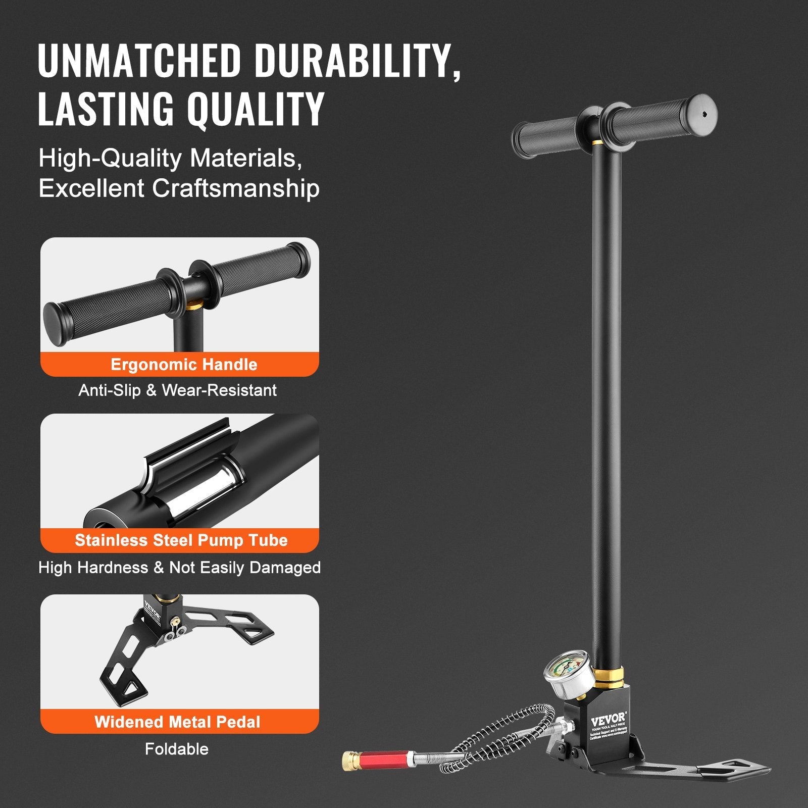 VEVOR High Pressure Hand Pump 3 Stage Airgun PCP Pump 4500PSI Stirrup Pump Air Rifle Filling Stirrup Pump(30MPA) 
