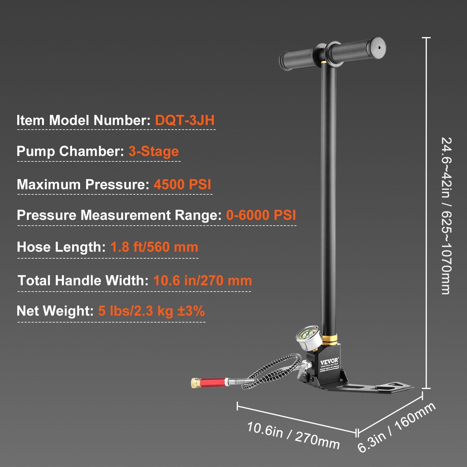 VEVOR High Pressure Hand Pump 3 Stage Airgun PCP Pump 4500PSI Stirrup Pump Air Rifle Filling Stirrup Pump(30MPA) 