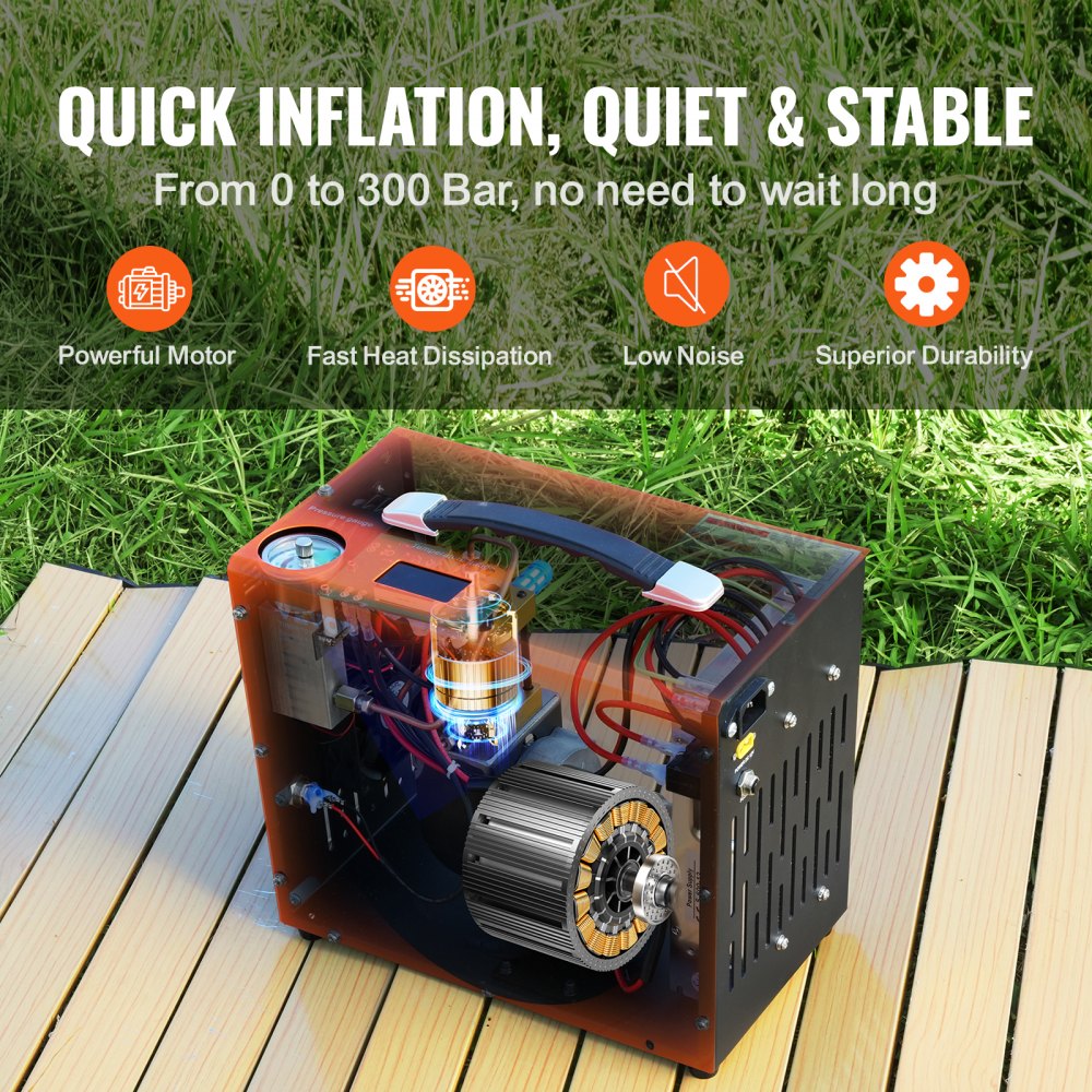 VEVOR PCP Air Compressor, 4500PSI/30Mpa Portable PCP Compressor with Built-in Power Converter, Auto-Stop | DC12V/AC120V | Oil & Water-Free Compressor Pump 