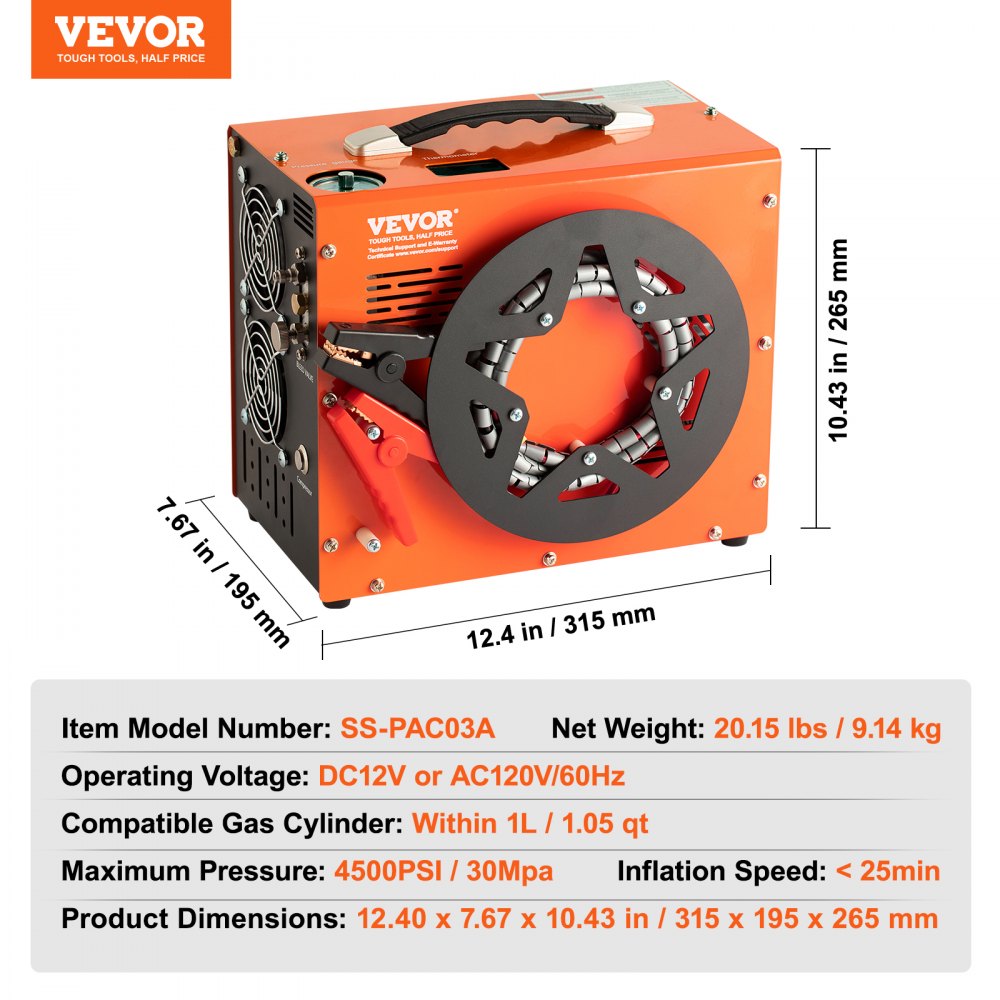 VEVOR PCP Air Compressor, 4500PSI/30Mpa Portable PCP Compressor with Built-in Power Converter, Auto-Stop | DC12V/AC120V | Oil & Water-Free Compressor Pump 