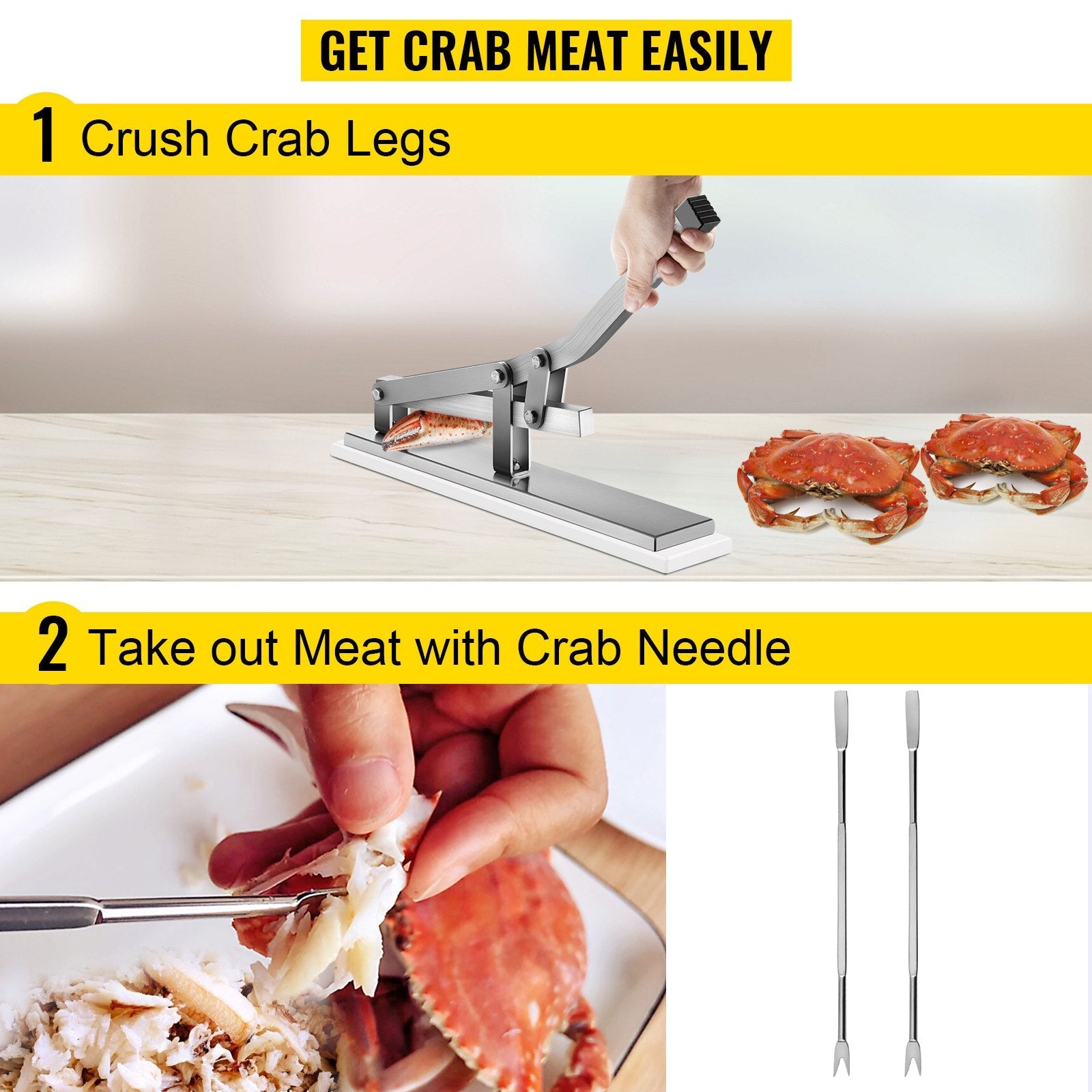 VEVOR Stone Crab Shell Cracker, Aluminum & Stainless Steel Shellfish Cracker, 15"x2.8" Lobster Shucker, Seafood Tools Set with 2 Crab Needles for Lobster and Crab Legs in Kitchen Restaurant 